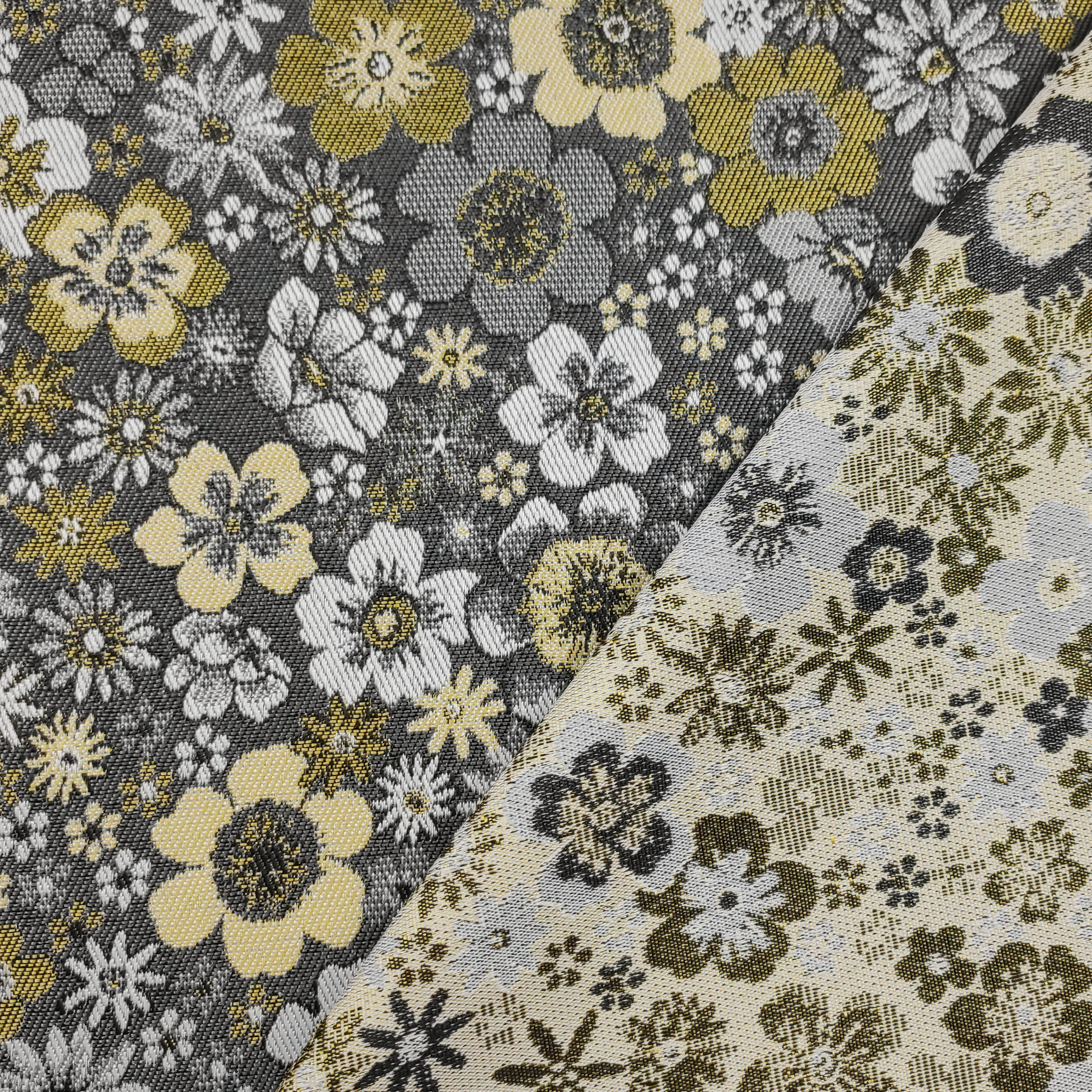 Tessuto Arredo Broccato Fiori Sfondo Grigio