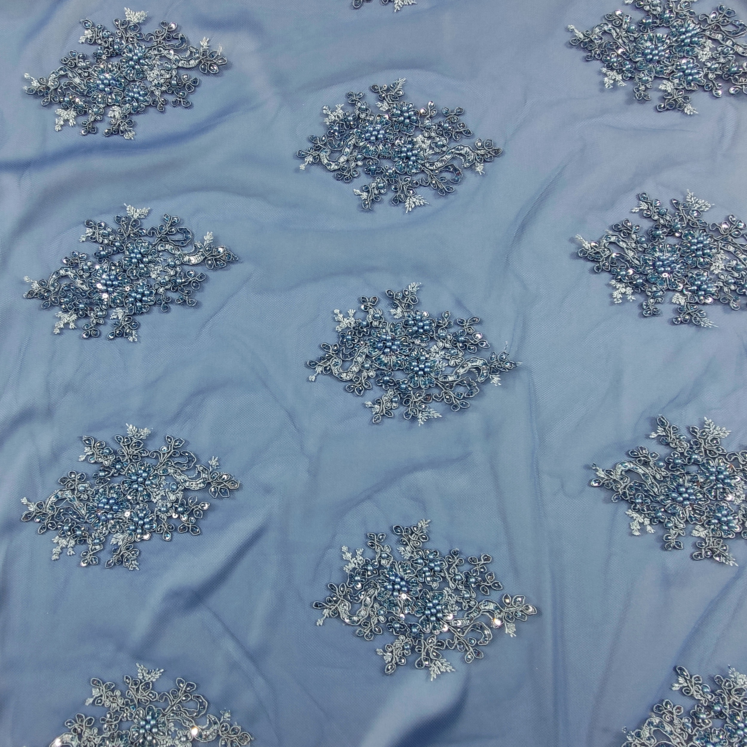 Tulle Ricamato Perline Lux Celeste