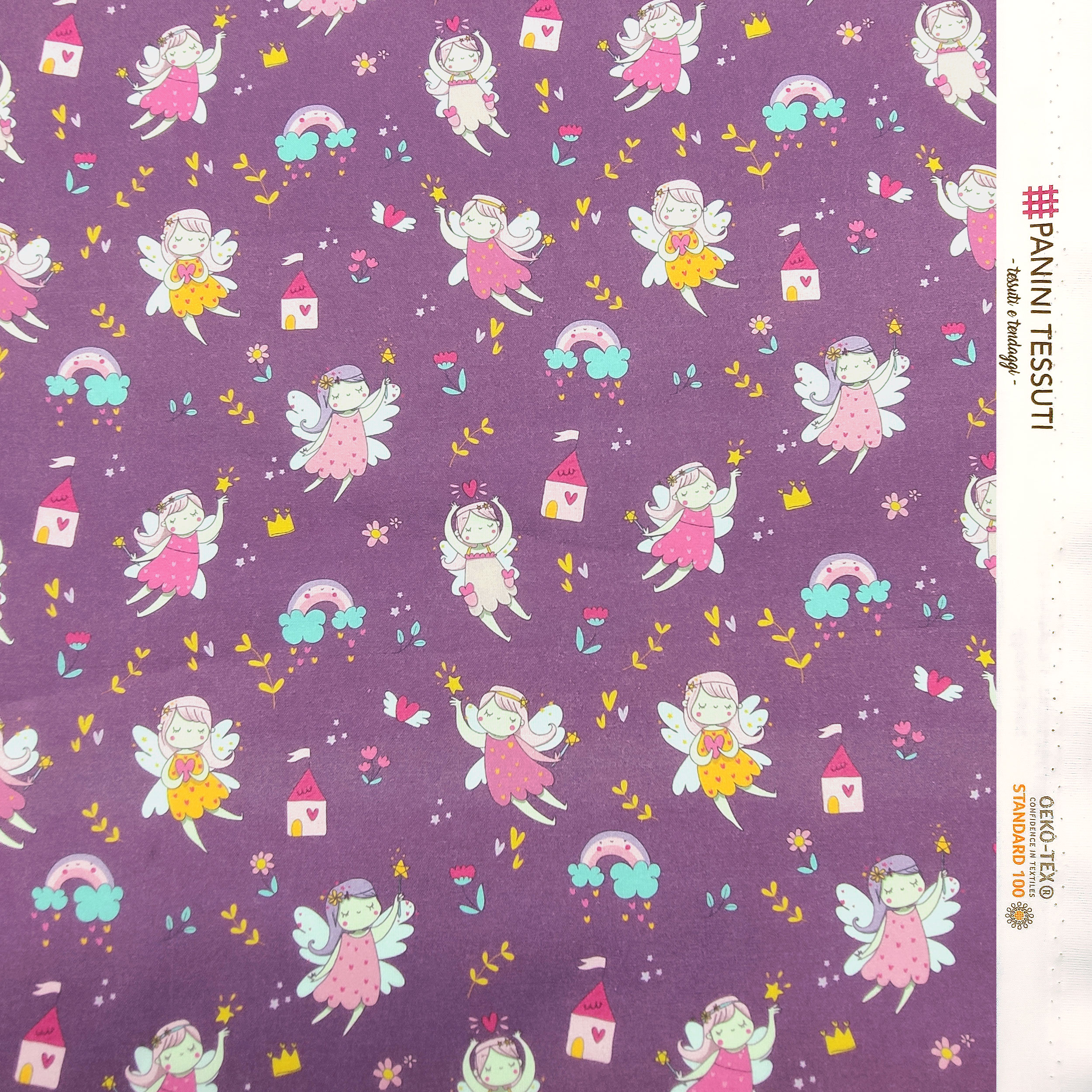 Ritaglio Cotone Fatine Piccole Sfondo Lilla 50x150 cm