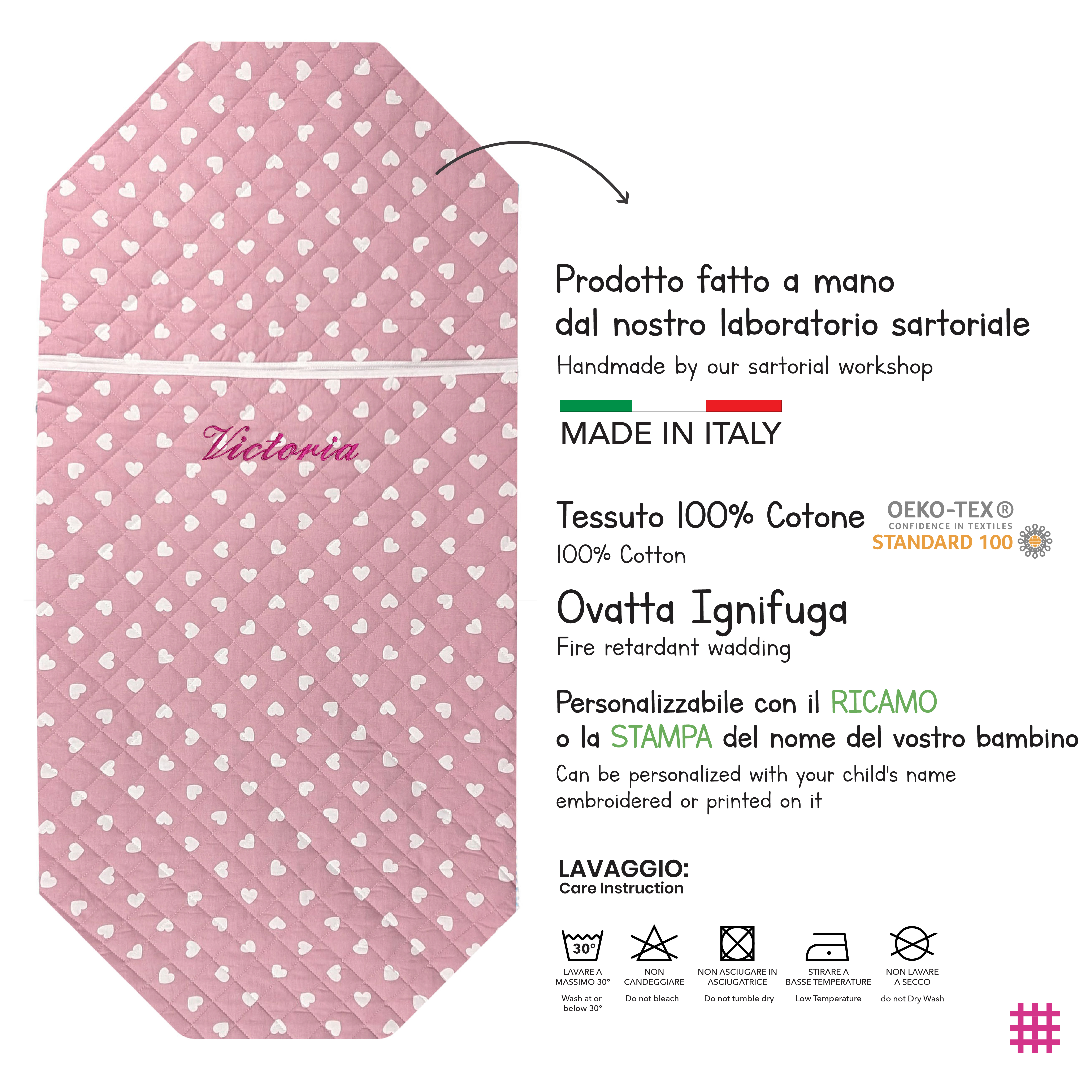 Sacco Nanna Sagomato per Brandine Cuori Bianchi con Sfondo Rosa Antico Image