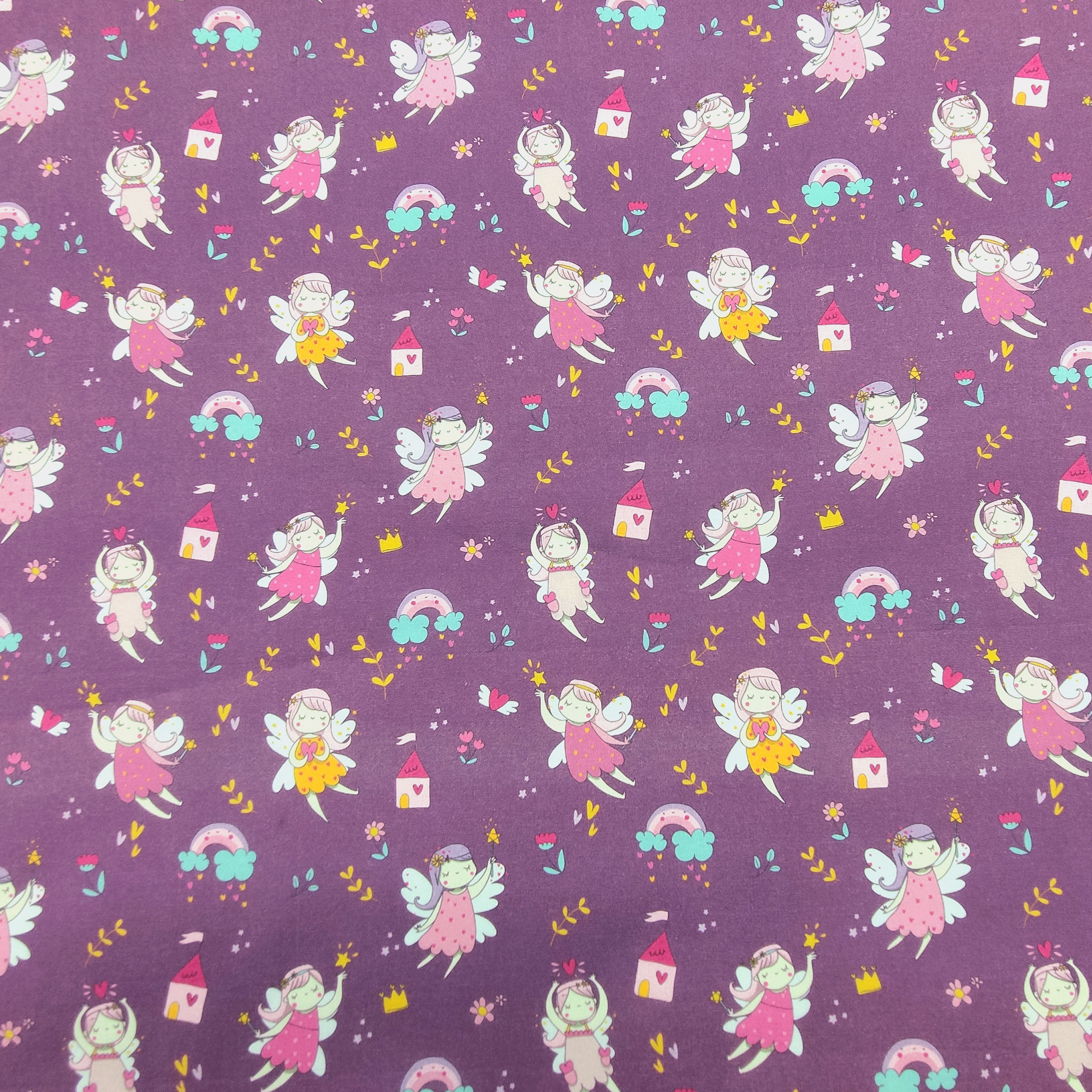 Ritaglio Cotone Fatine Piccole Sfondo Lilla 50x150 cm