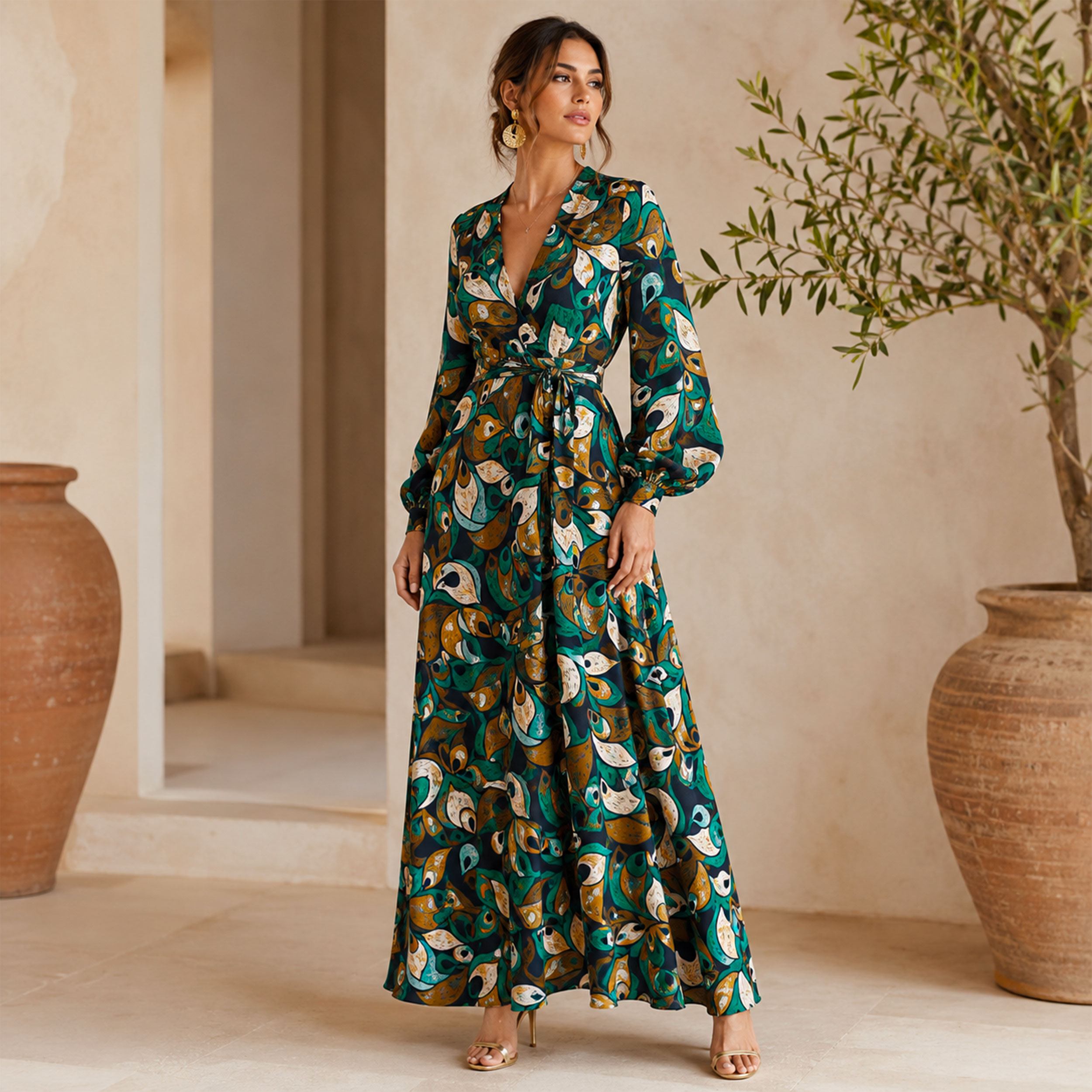 Raso Setato Alta Moda Piume Astratte Verdi Image