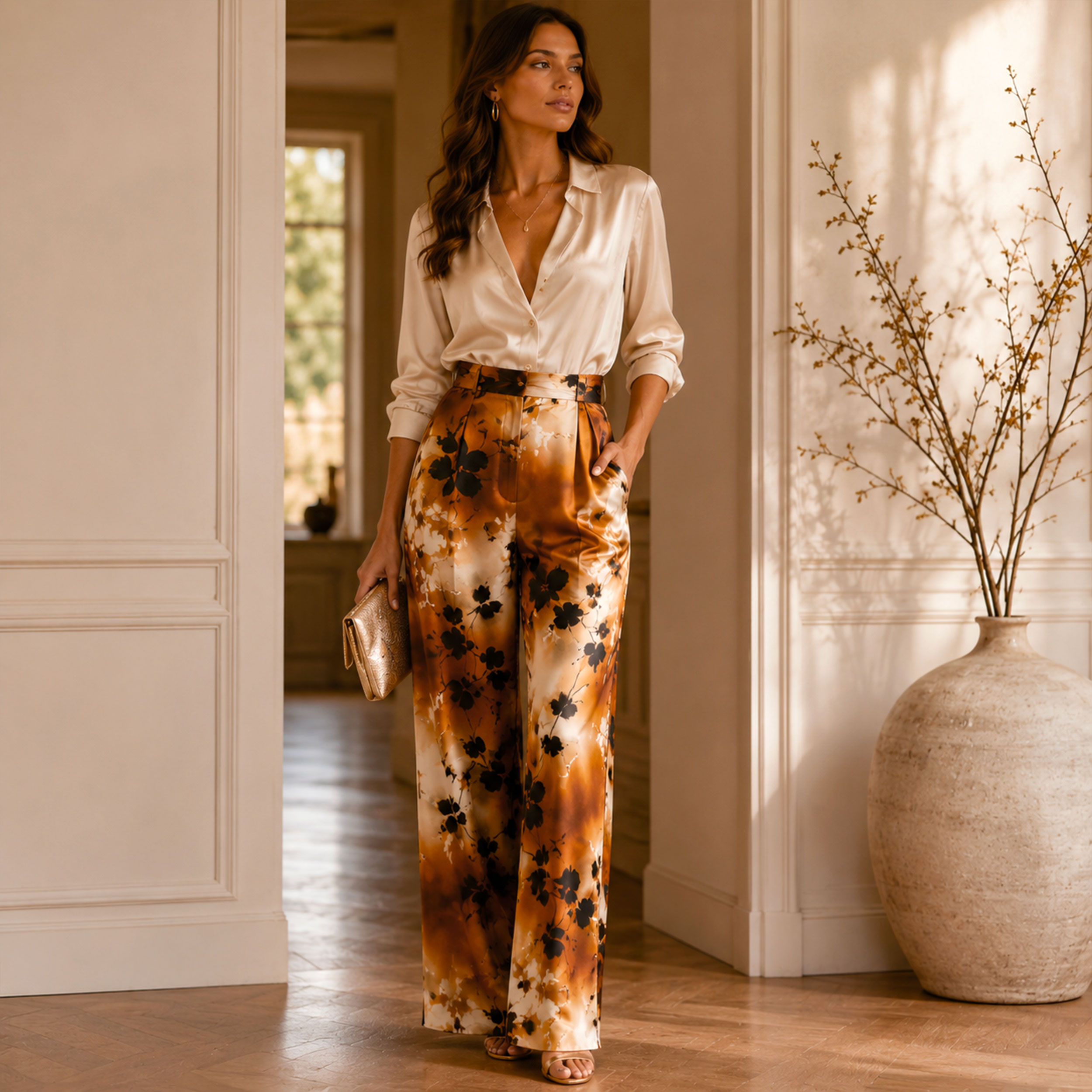 Raso Setato Alta Moda Floreale Toni del Marrone Image