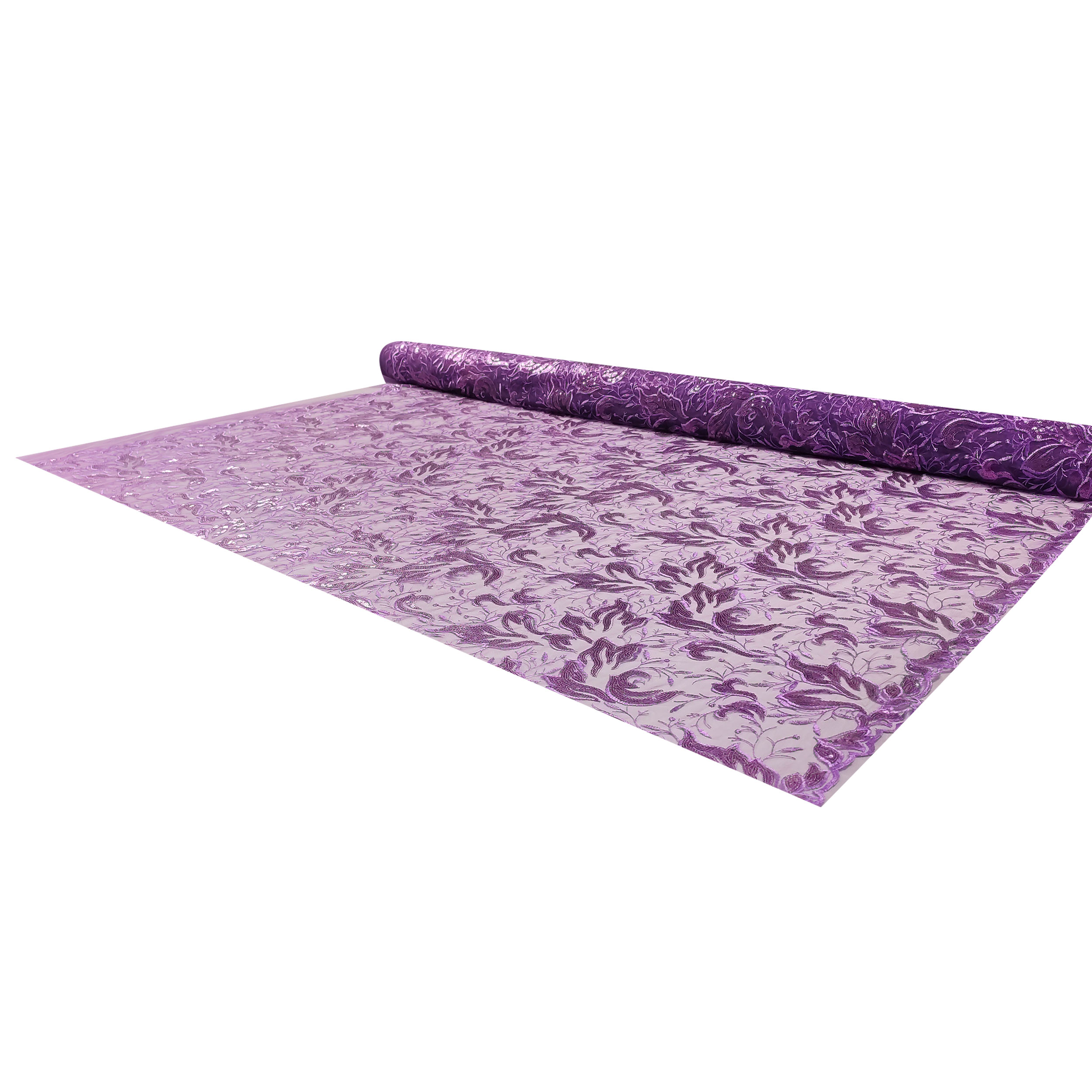 Tulle Ricamato Foglie con Paillettes Viola