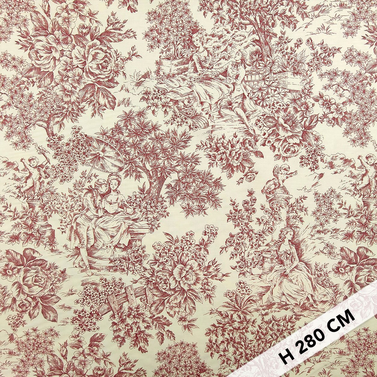 Tessuto Panama Toile De Jouy Rosso Sfondo Panna H 280 cm Image