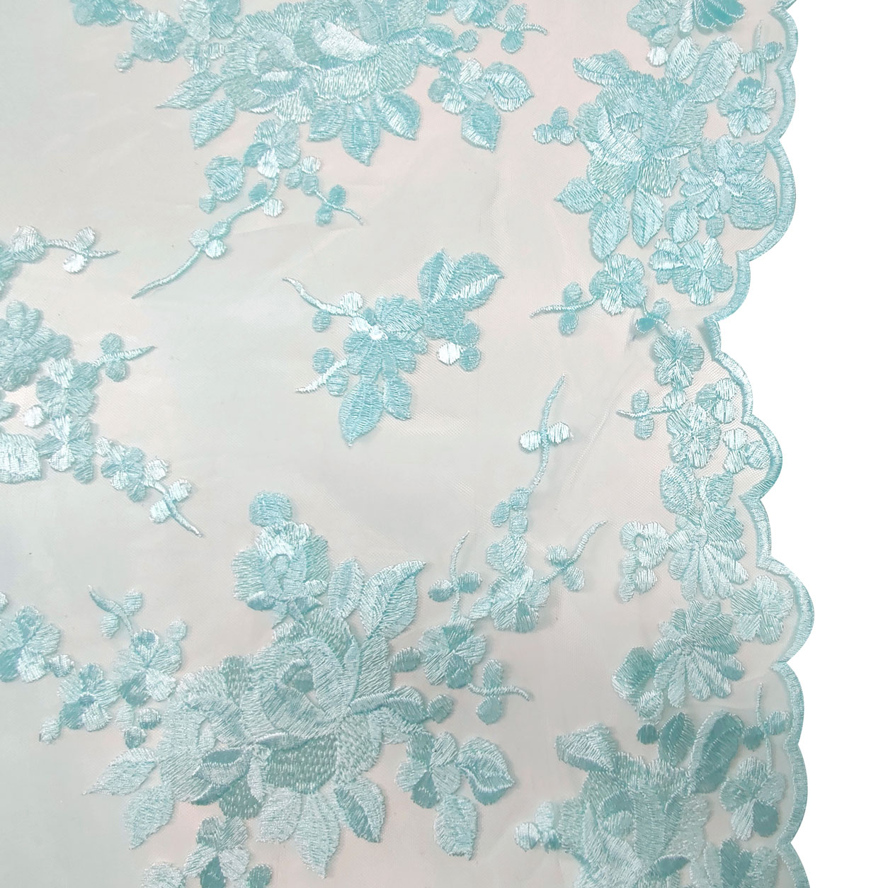 Tulle Doppio Bordo Ricamato Fiori Azzurro Baby