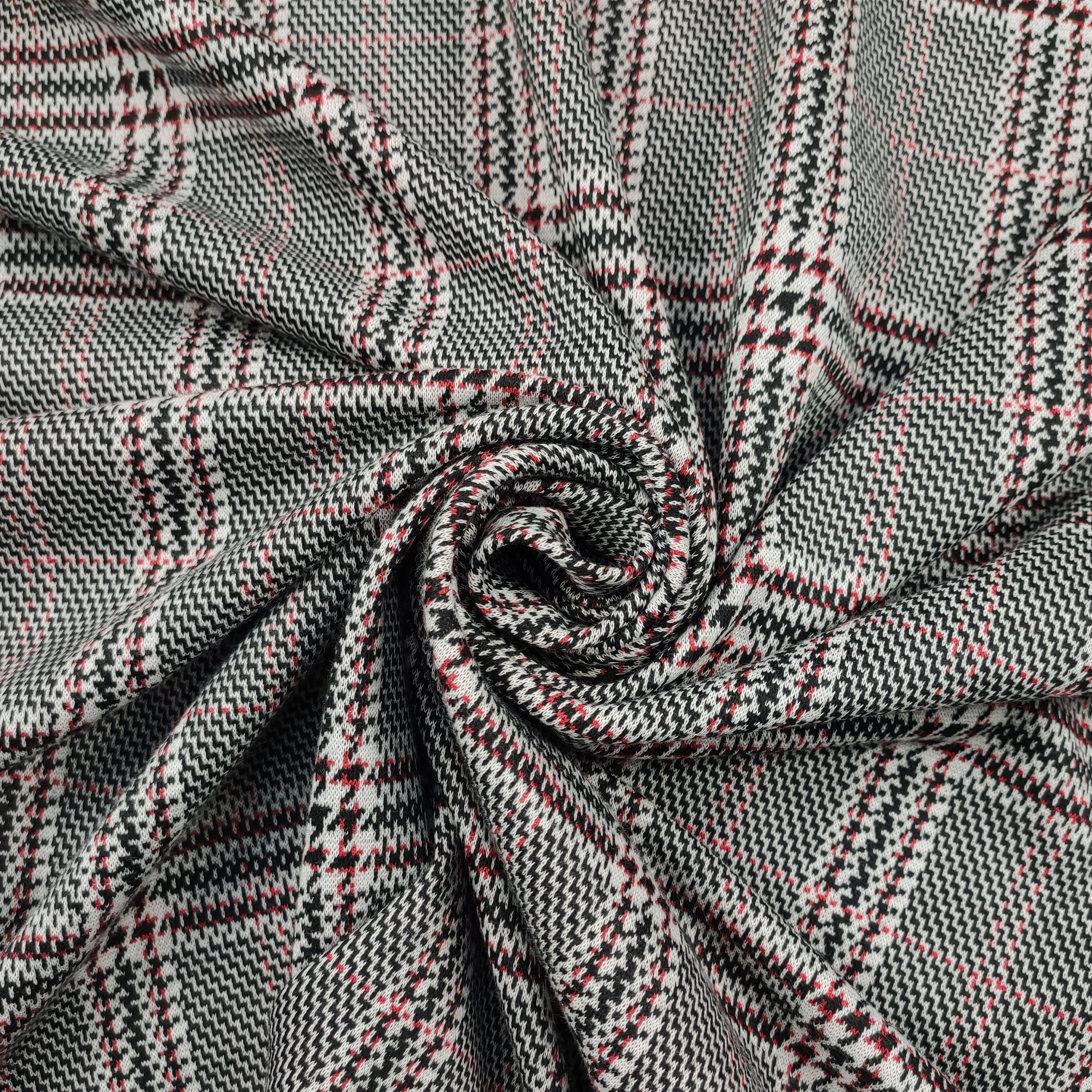 Tessuto Maglia Principe di Galles Bianco, Nero e Rosso