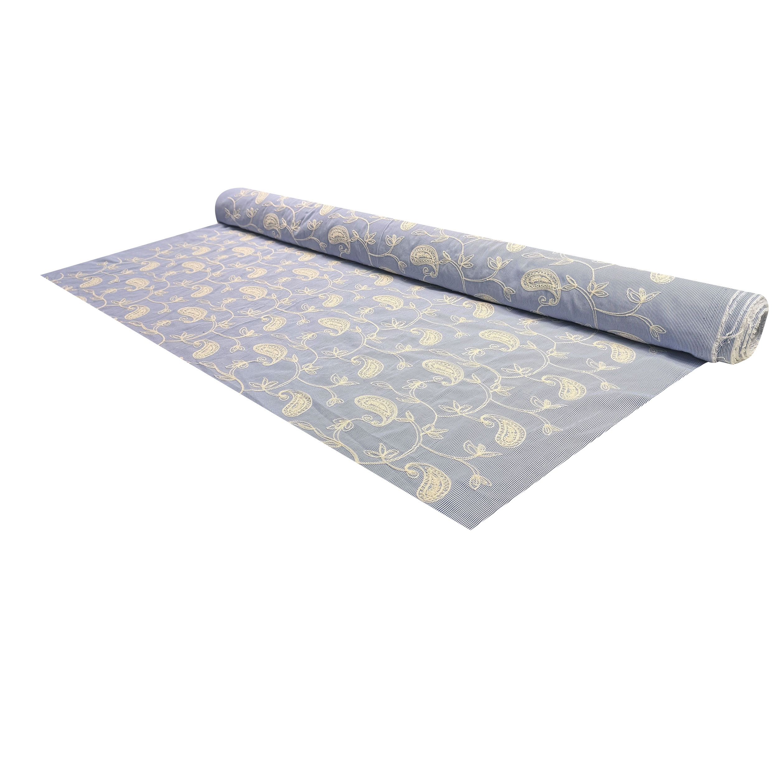 Cotone Righe Sottili Blu con Foglie Ricamate Image