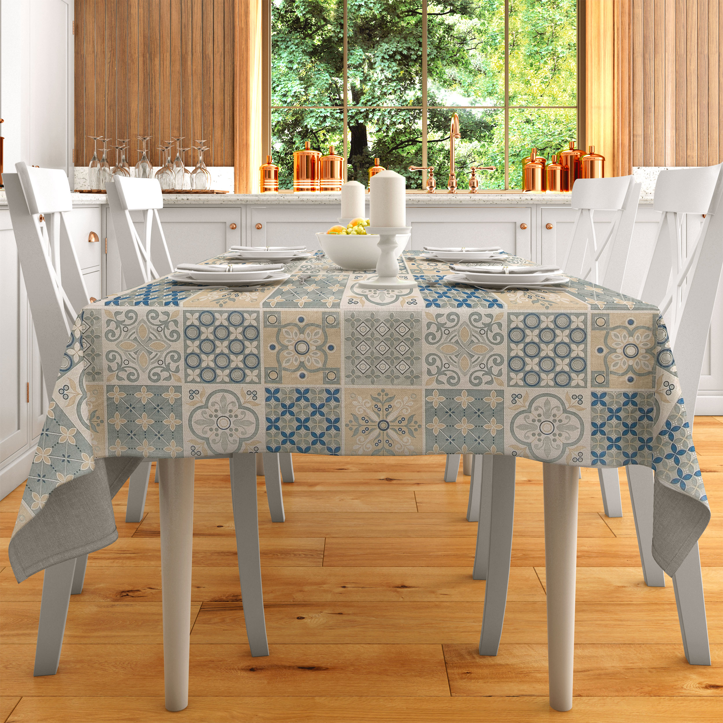 Tessuto Tovaglia Plastificata Mattonelle Floreali Blu e Beige Image