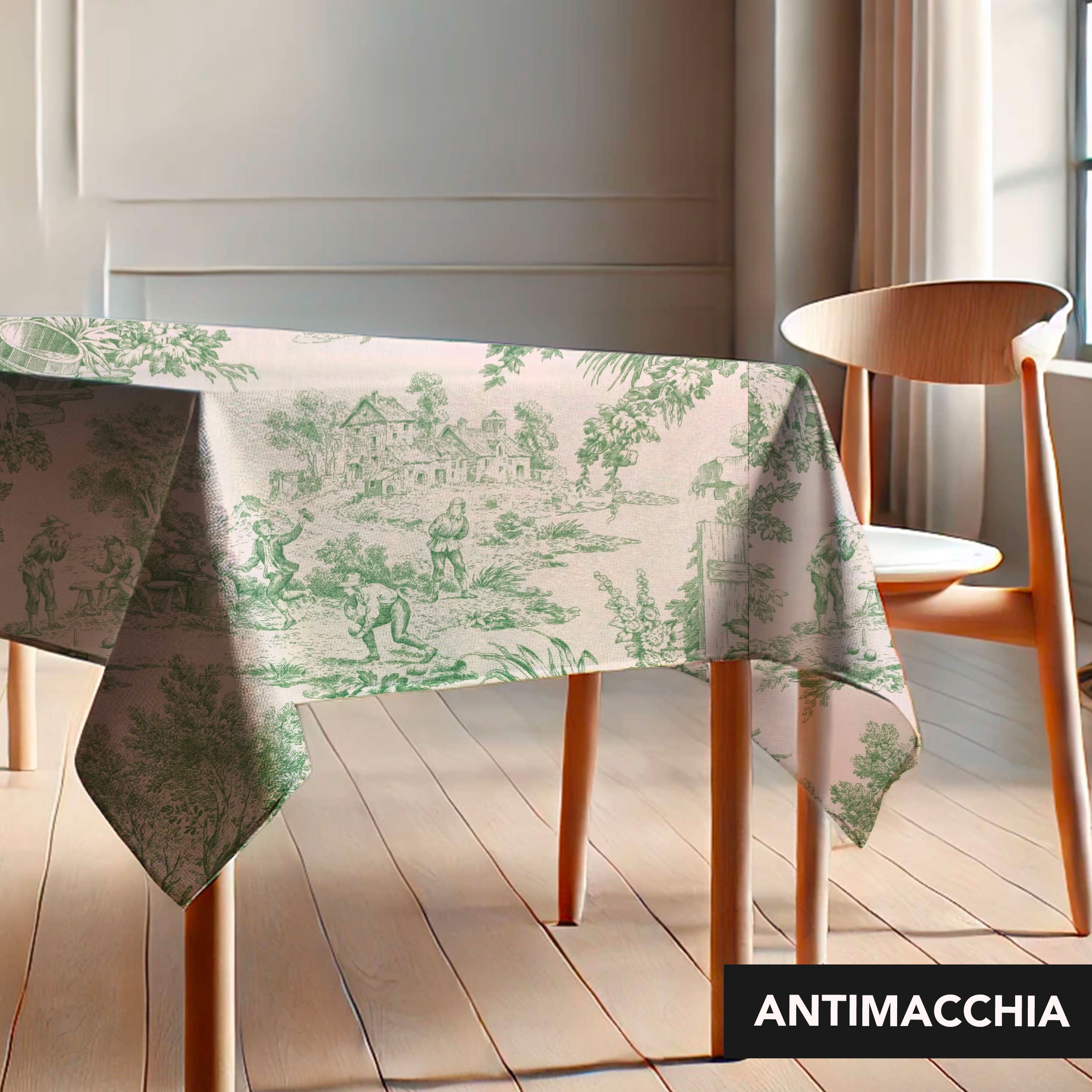 Tovaglia Confezionata Resinata Toile de Jouy Verde