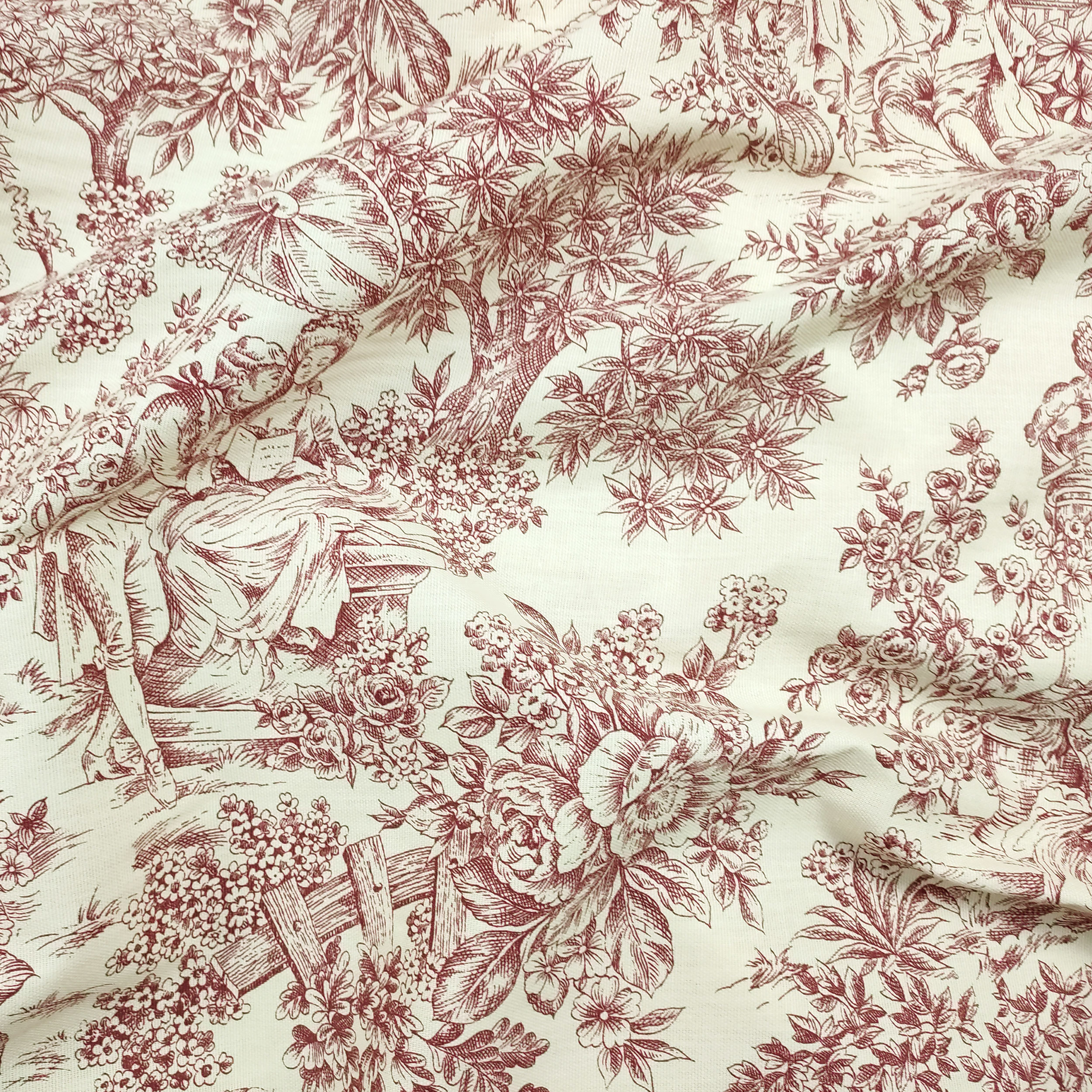 Tessuto Panama Toile De Jouy Rosso Sfondo Panna H 280 cm Image