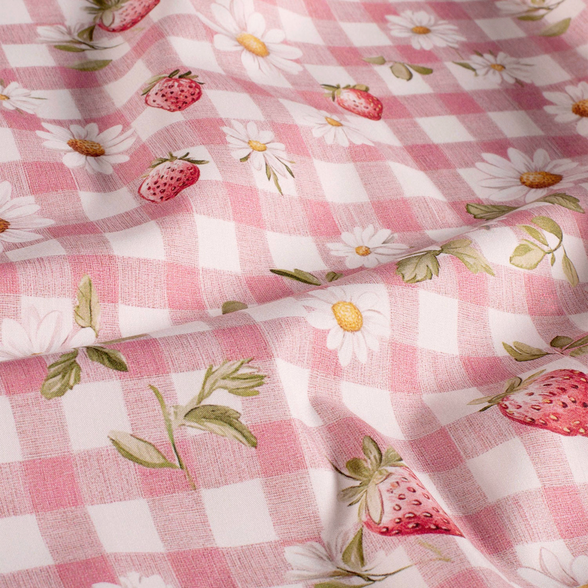Popeline Cotone Quadretti Rosa e Fragole Image