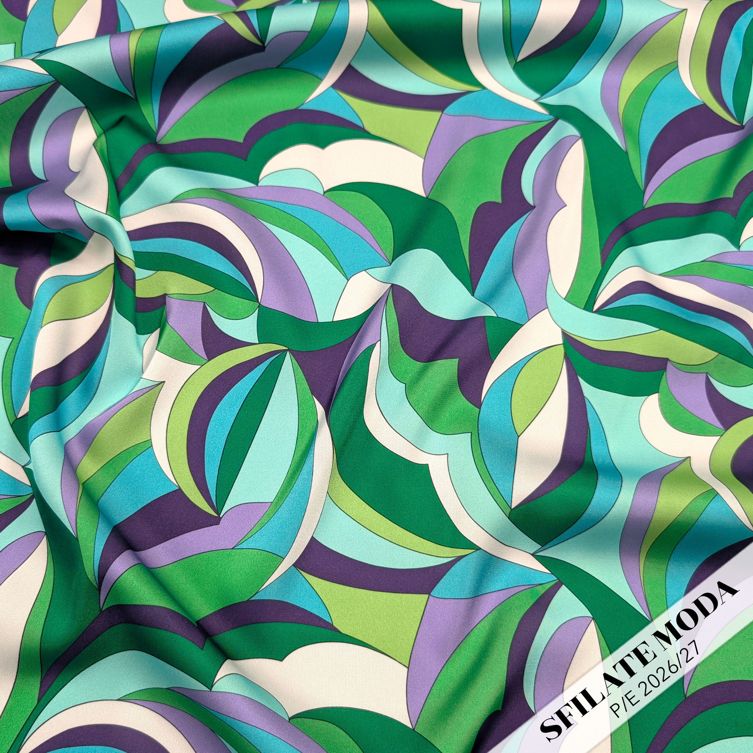 Raso Setato Alta Moda Fantasia Multicolor Verde Lilla Image