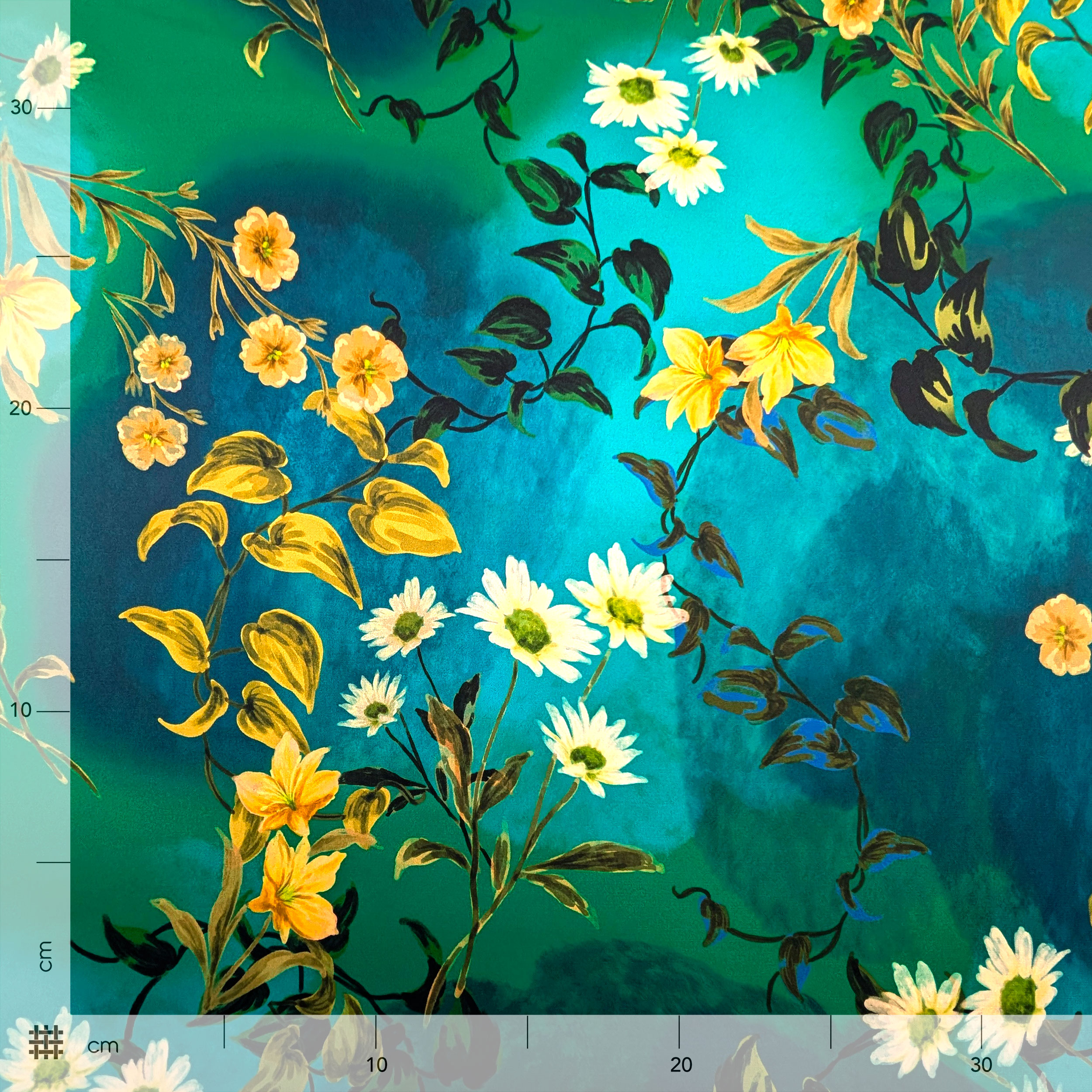 Ritaglio Rasetto con Fiori su Sfondo Blu Verde 70x145 cm Image