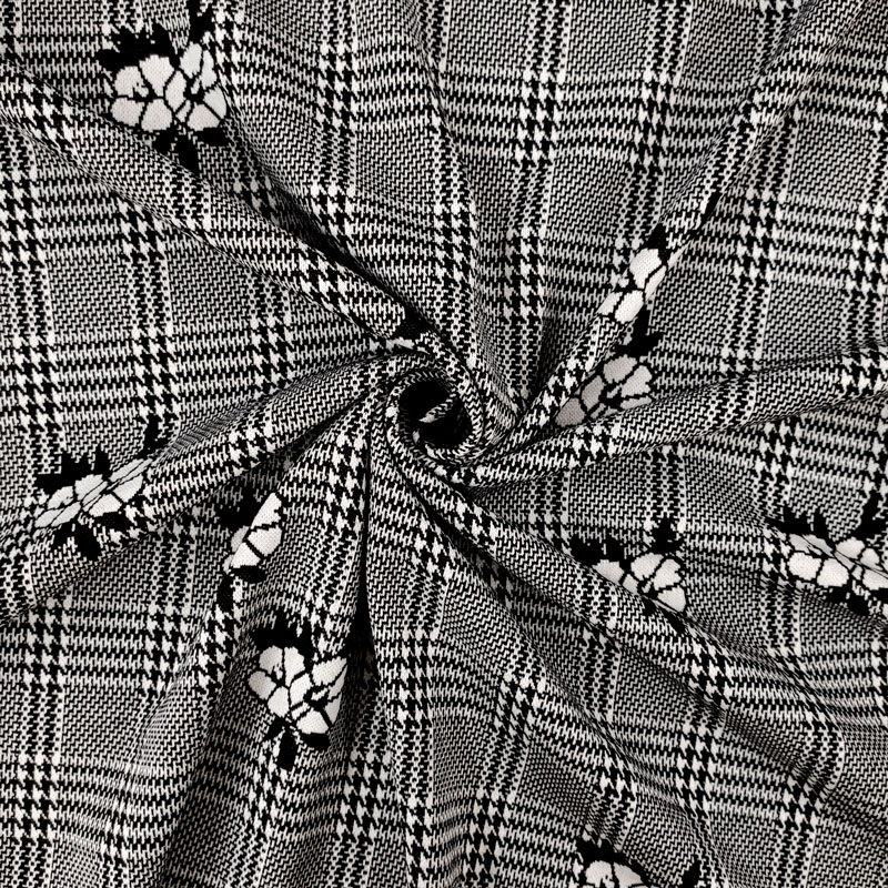 Tartan Punto Milano Principe di Galles con Fiori Bianchi