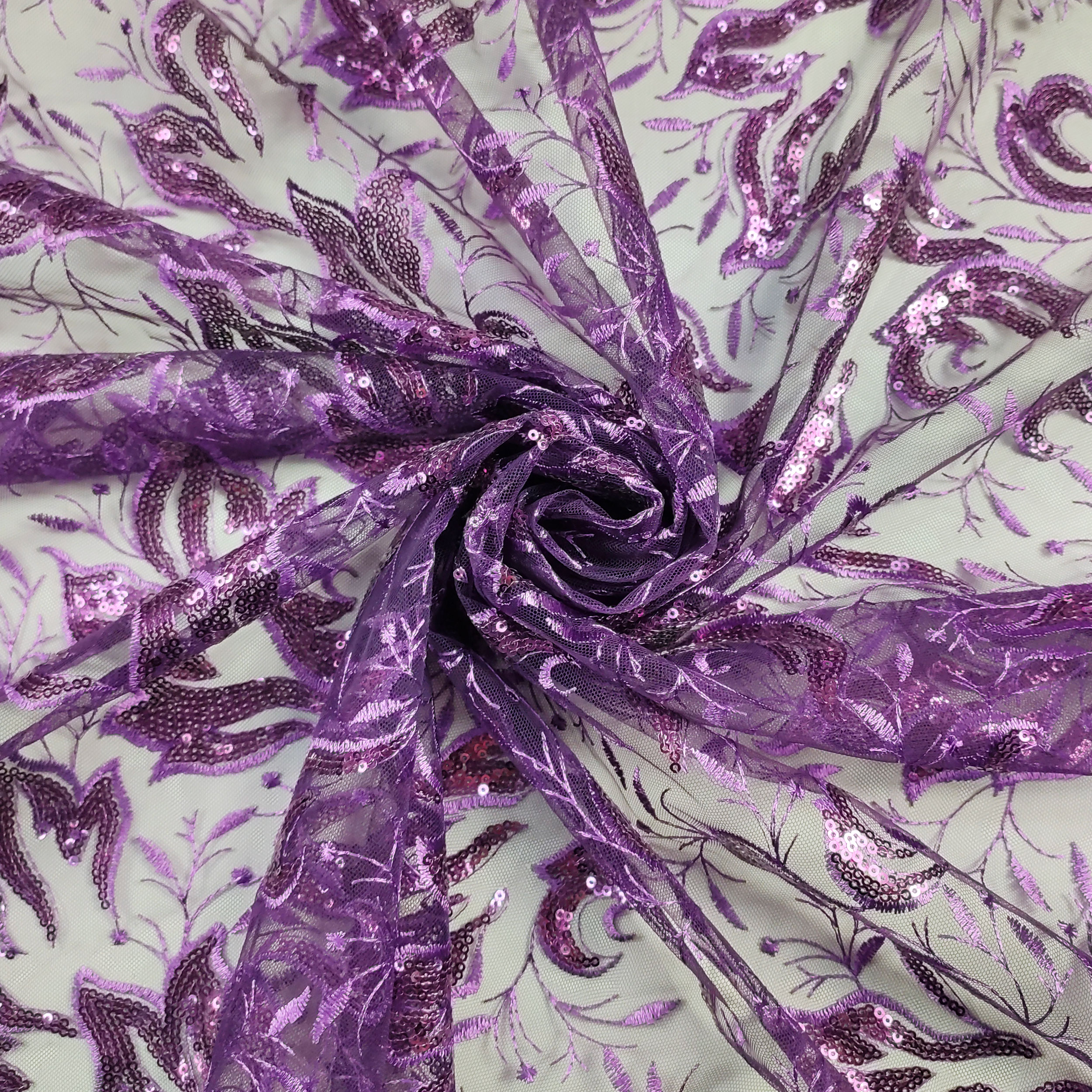 Tulle Ricamato Foglie con Paillettes Viola Image