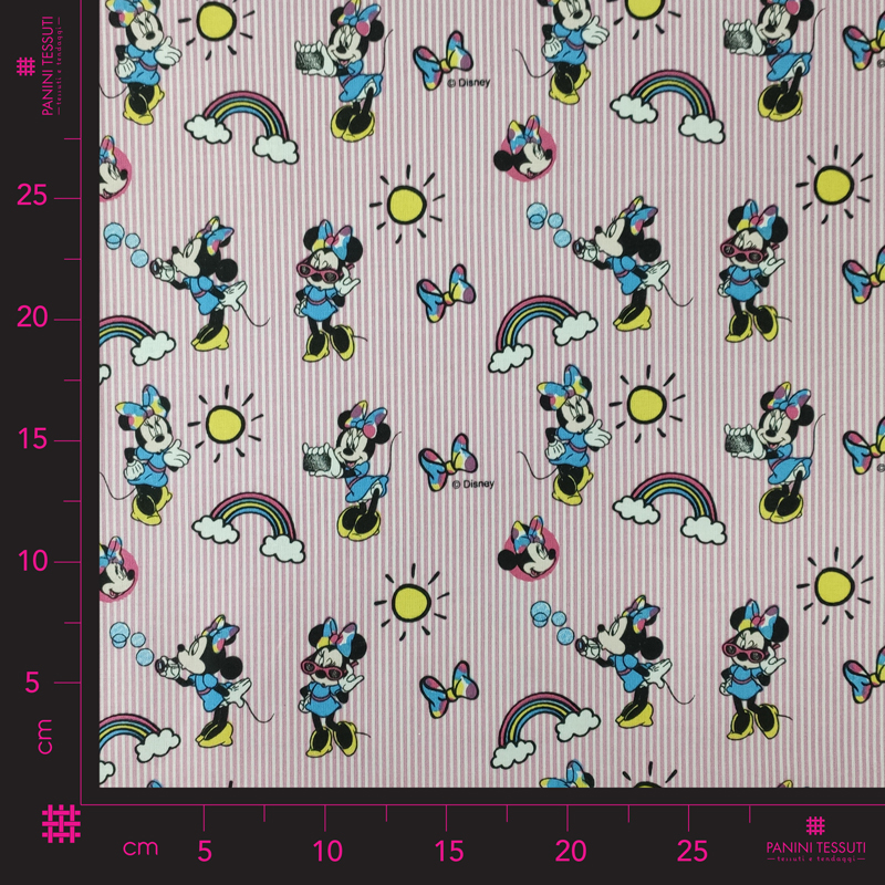 Ritaglio Tessuto Cotone Disney Minnie Arcobaleni Righe Rosa 50x140 cm