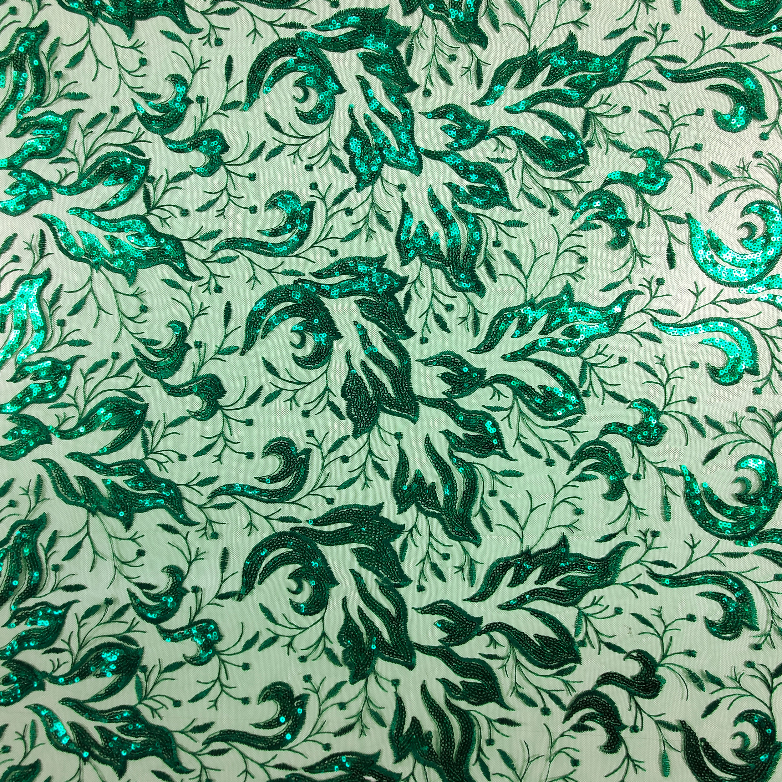Tulle Ricamato Foglie con Paillettes Verde