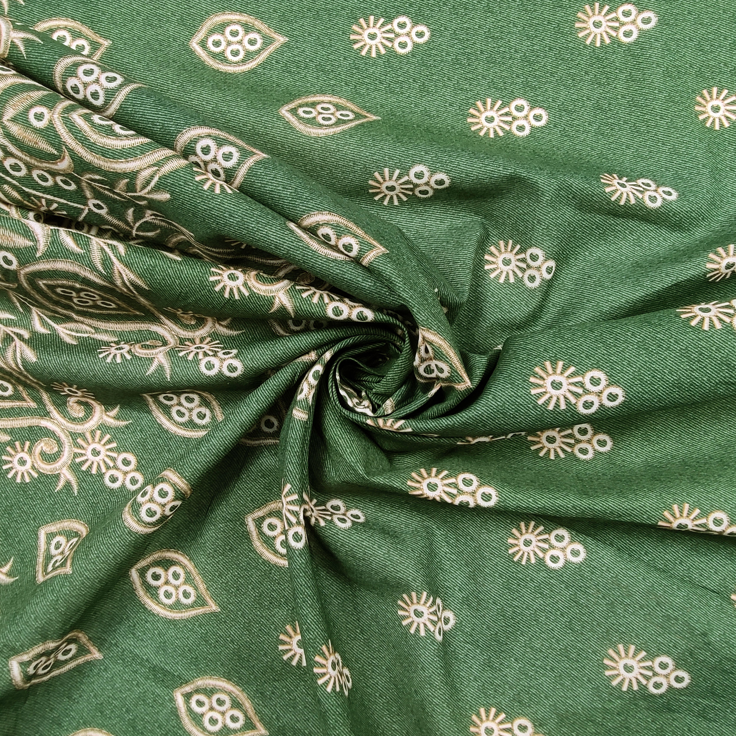 Tessuto Cotone Fiori e Foglie Geometriche Sfondo Verde