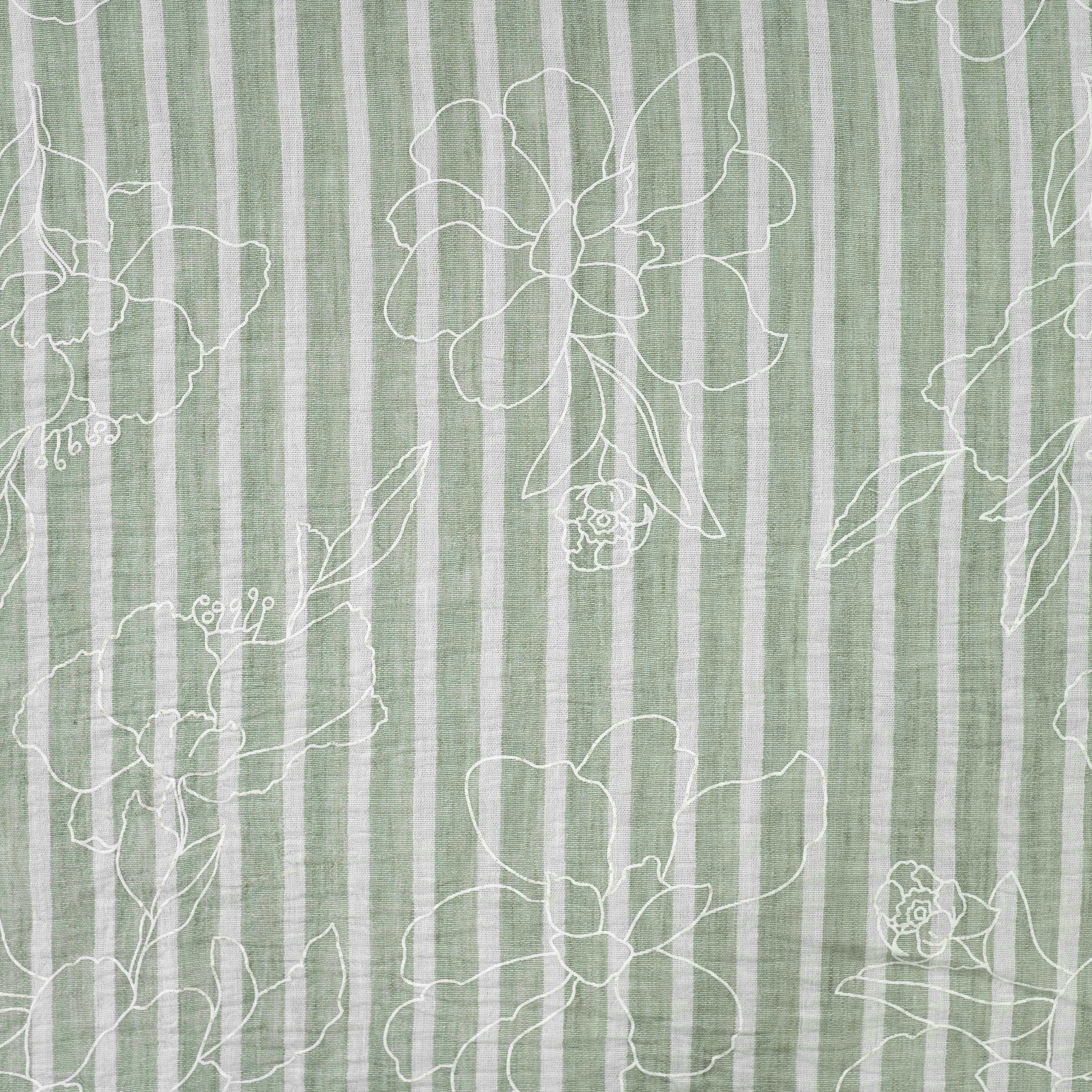 Misto Lino Righe Verdi e Bianche con Fiori Image