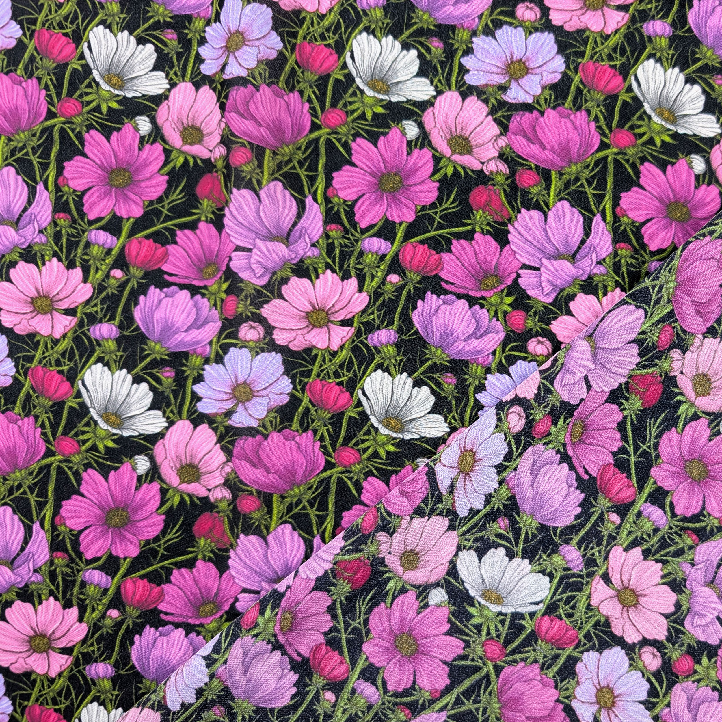 Georgette Pura Seta Fiori Rosa e Lilla Image