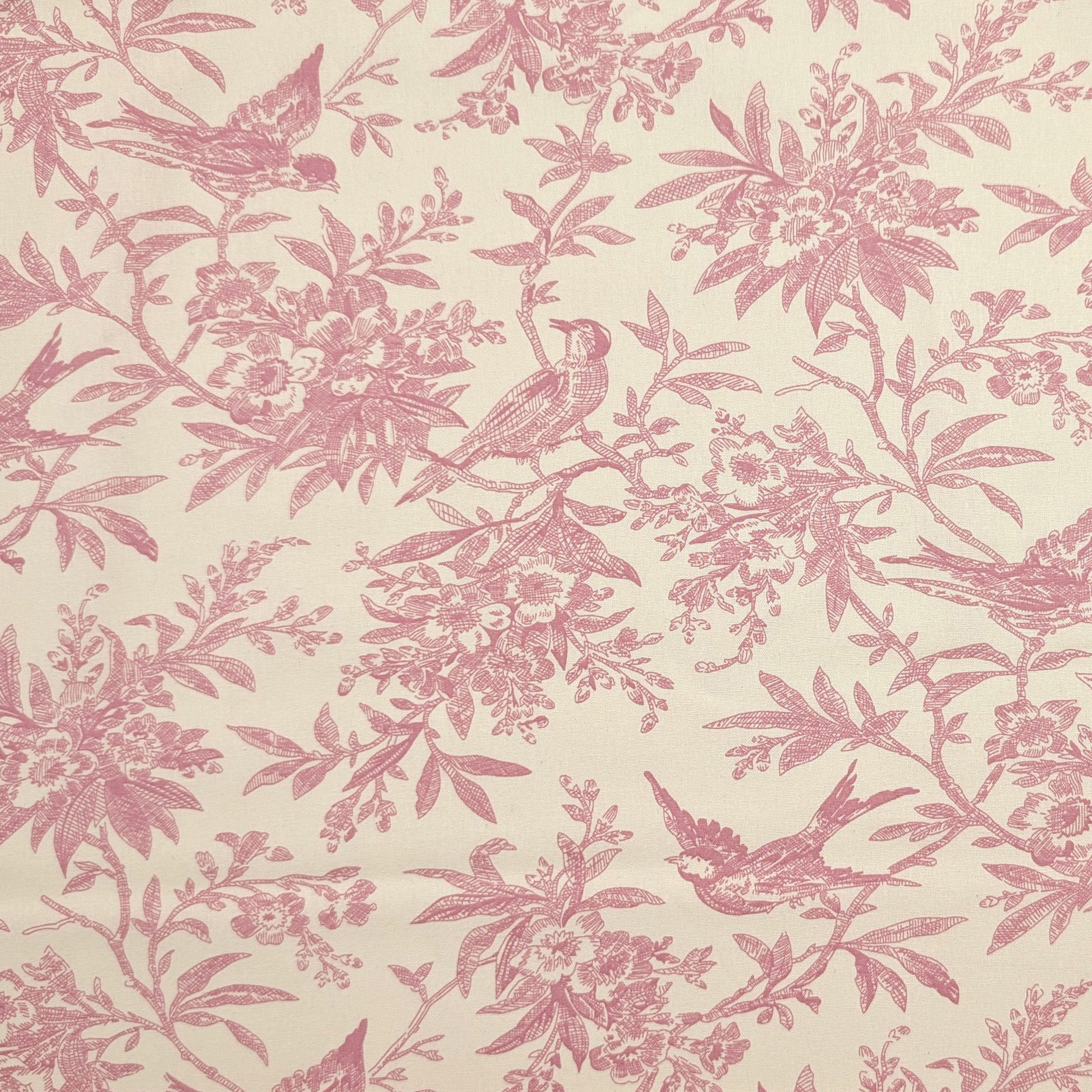 Popeline Cotone Stampa Vintage Uccellini e Rami Rosa Image