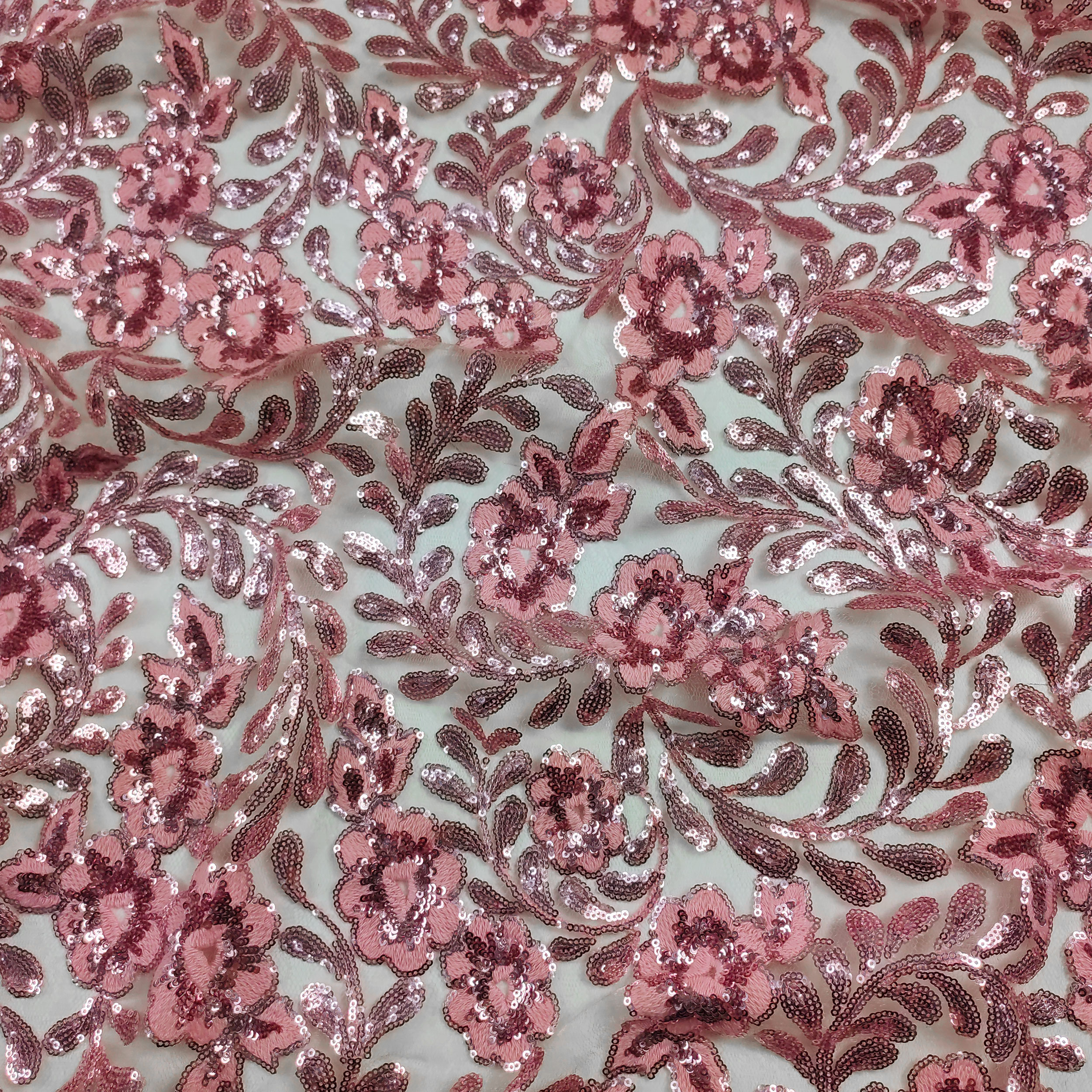 Tulle Ricamato Fiori con Paillettes Rosa