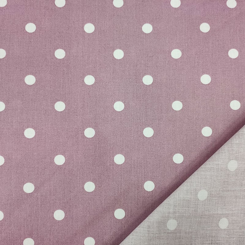 Leggero tessuto di cotone lilla pois bianchi