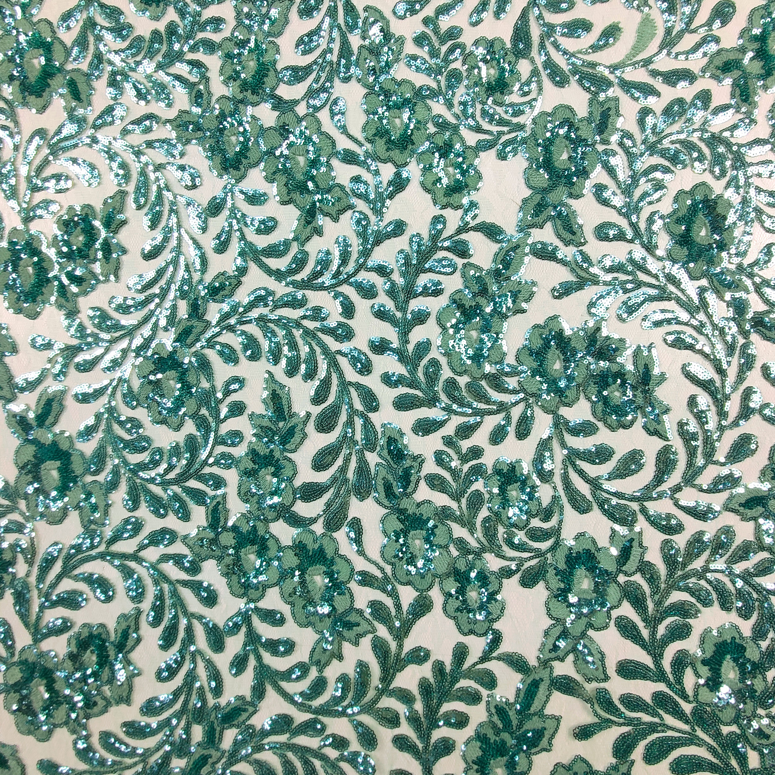 Tulle Ricamato Fiori con Paillettes Verde Acqua