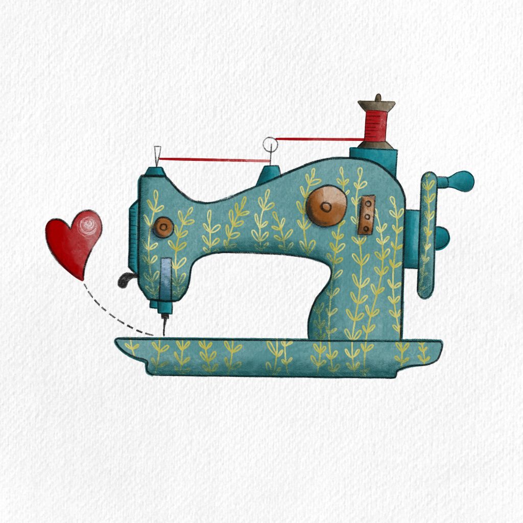 macchina-da-cucire-disegnata-panini-tessuti