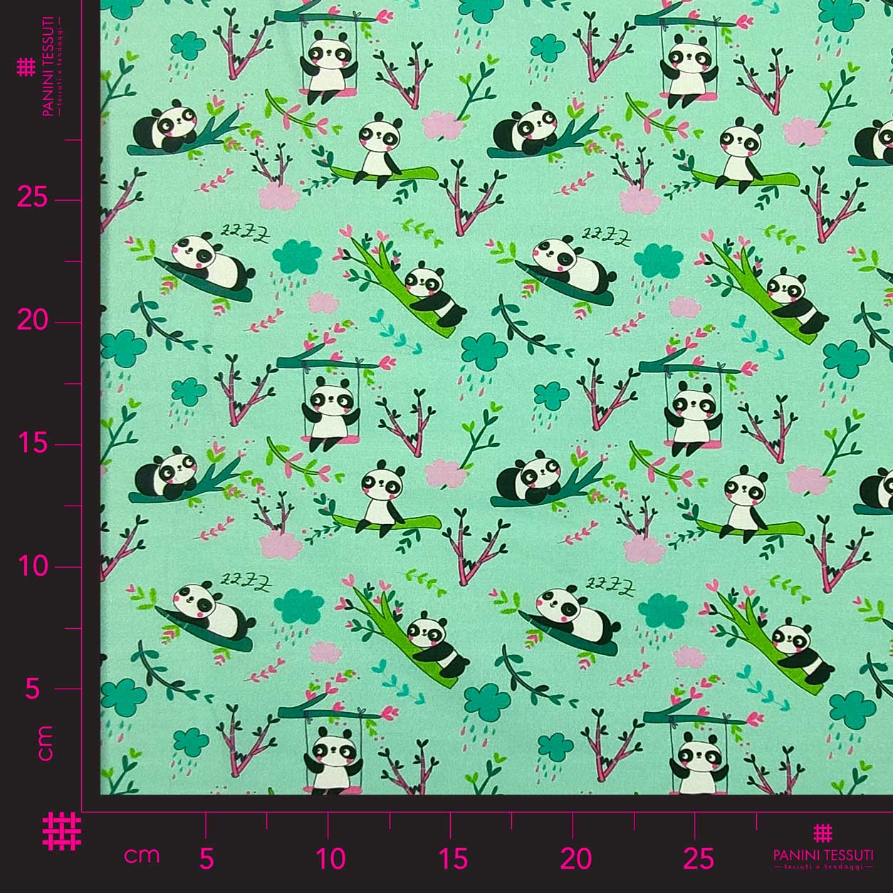 panini tessuti cotone con panda piccoli sfondo verde acqua