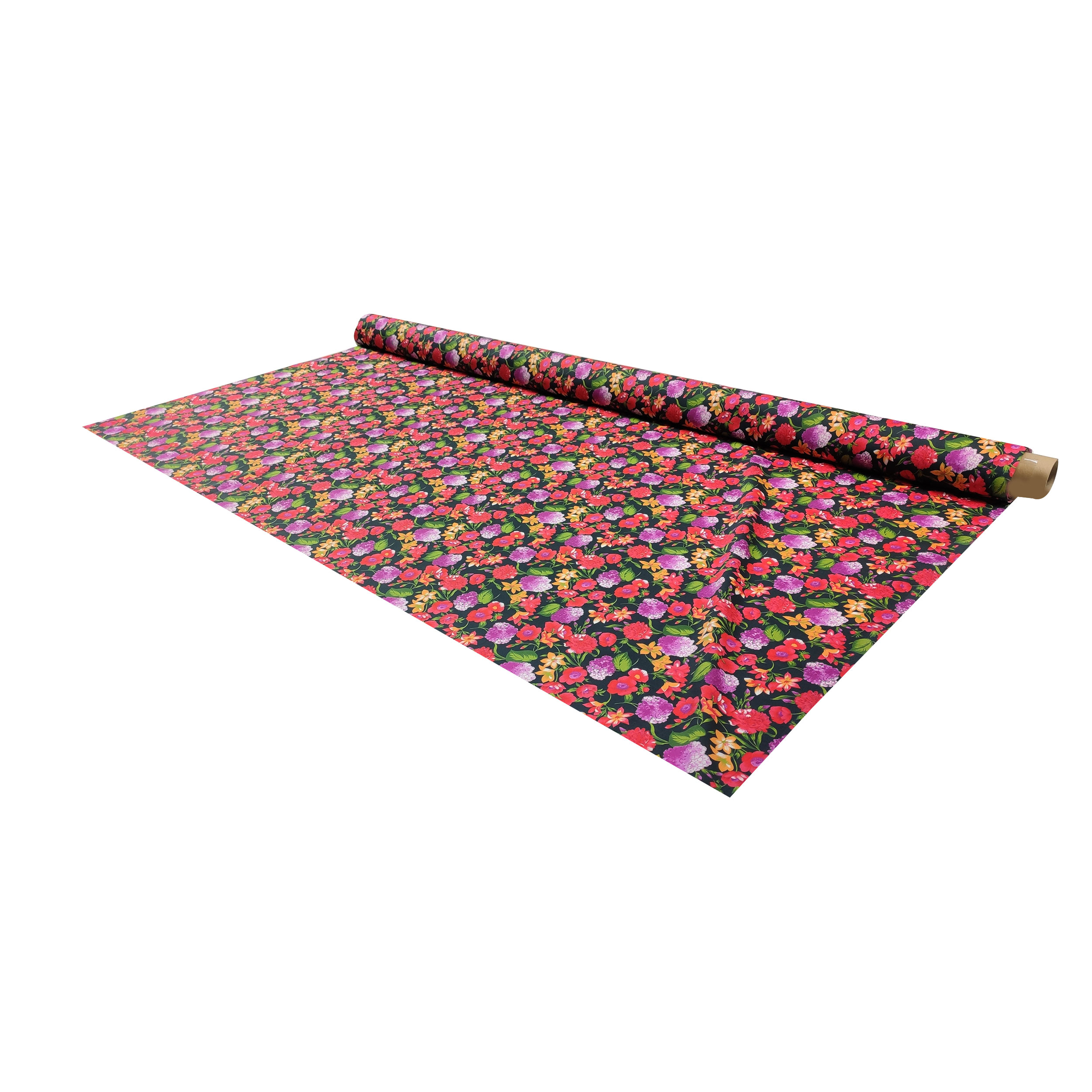 Rasatello Cotone Sfondo Nero con Fiori Rossi e Fuxia
