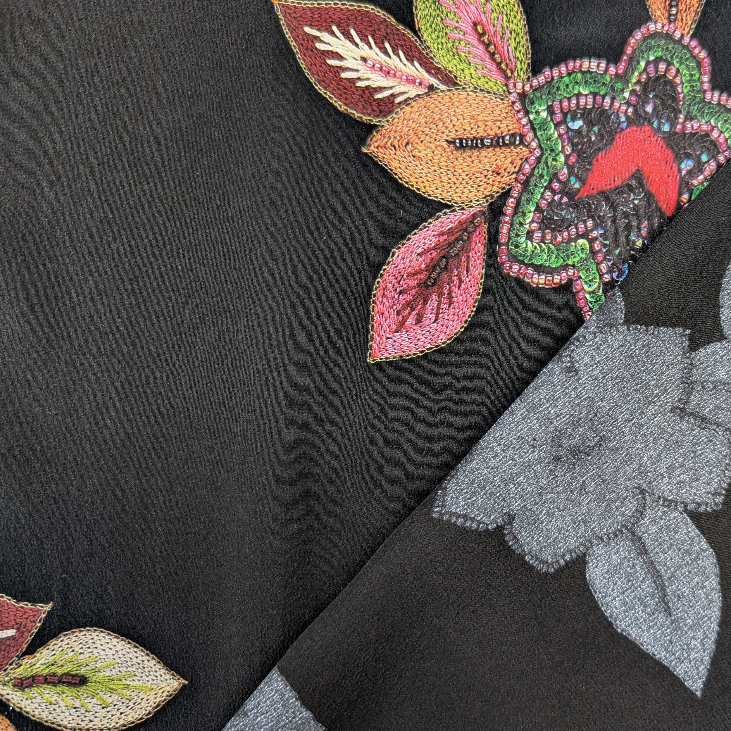Crepe Seta Alta Moda Nero con Fiori Image