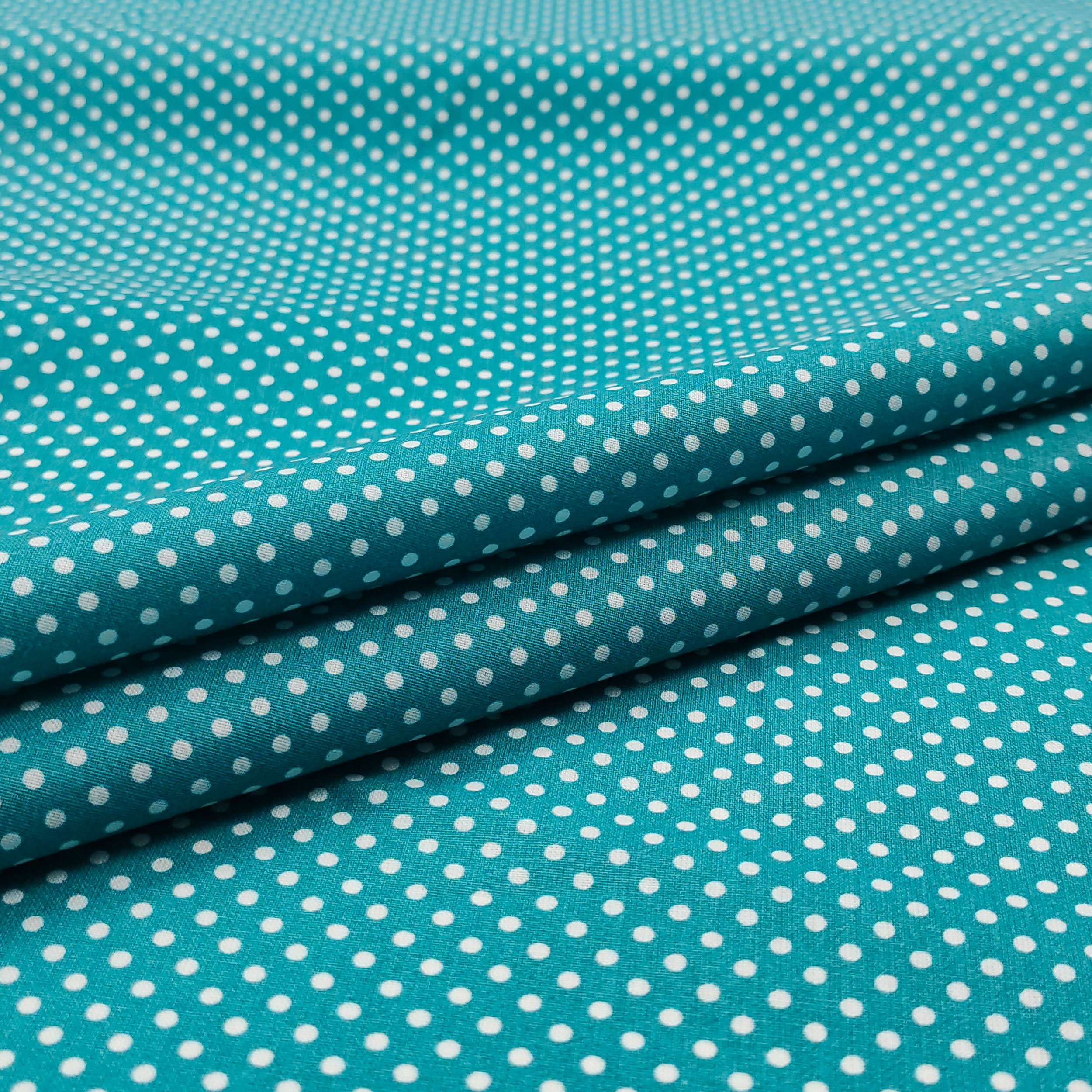 Tessuto Cotone Turchese Pois Bianchi