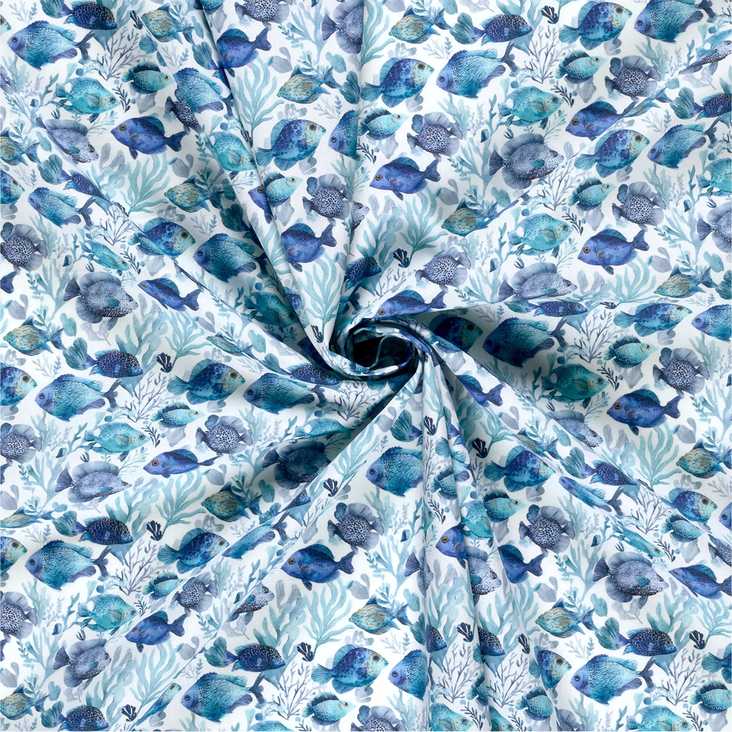 Popeline Cotone Pesciolini e Coralli Blu Image
