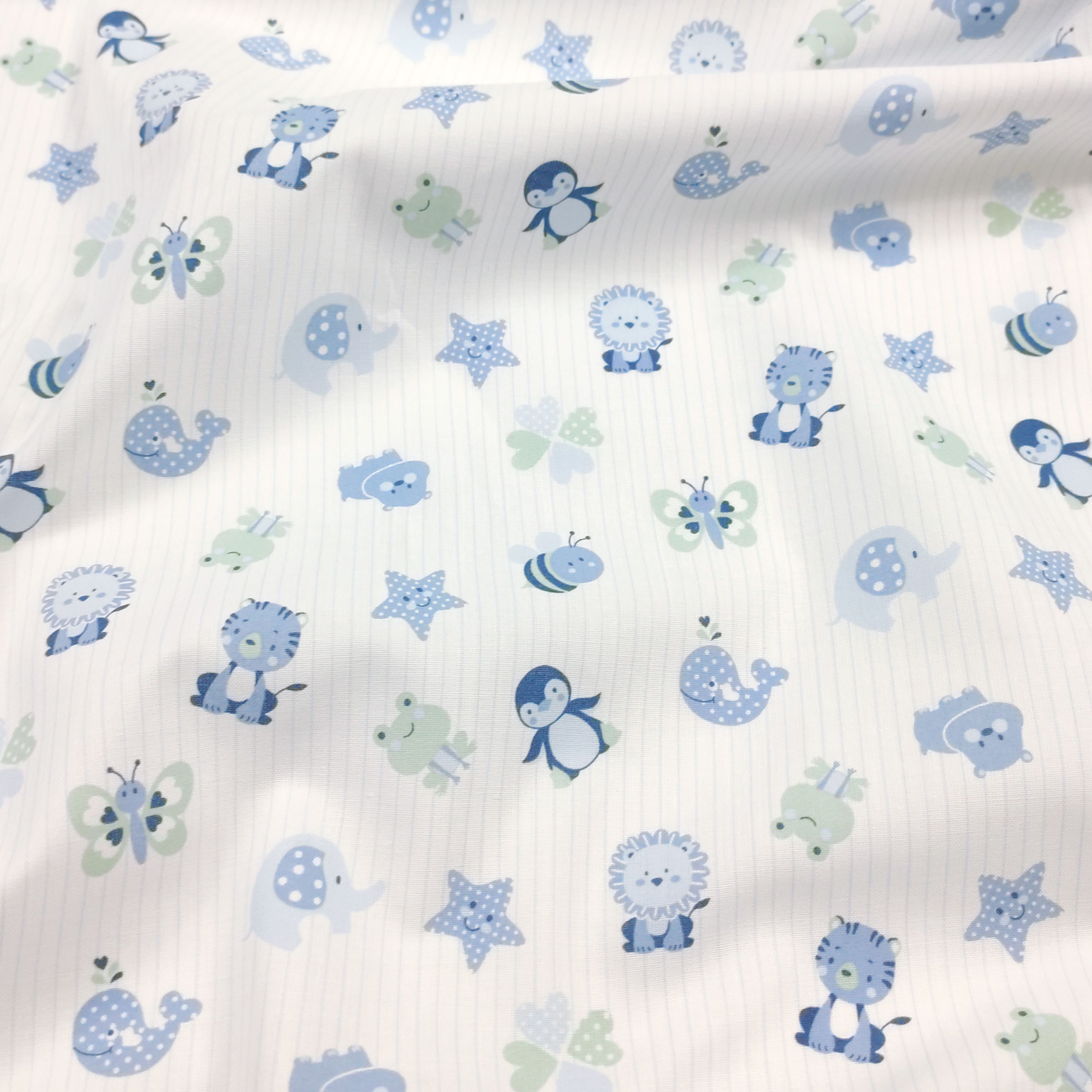 Cotone Cuccioli Blu Sfondo Rigato