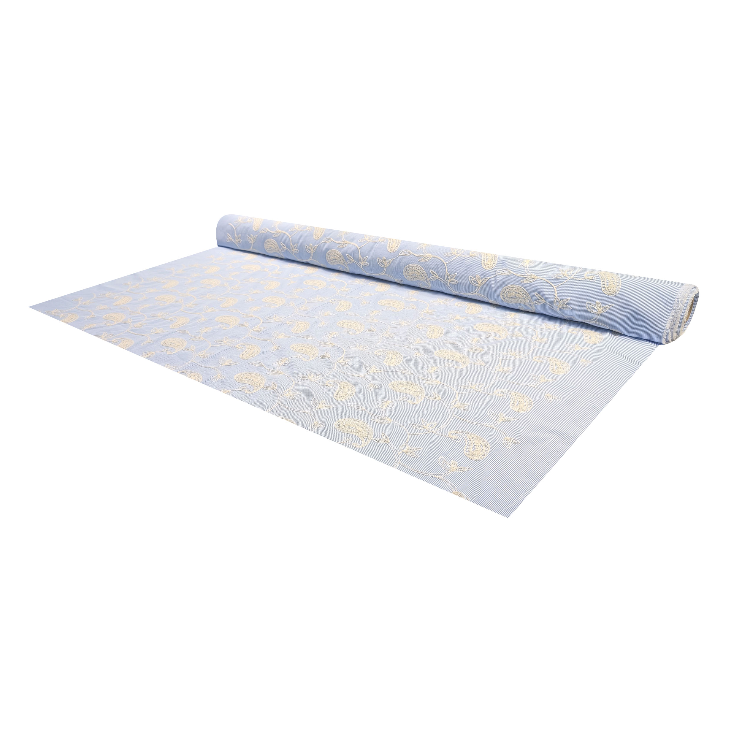 Cotone Righe Sottili Azzurre con Foglie Ricamate Image