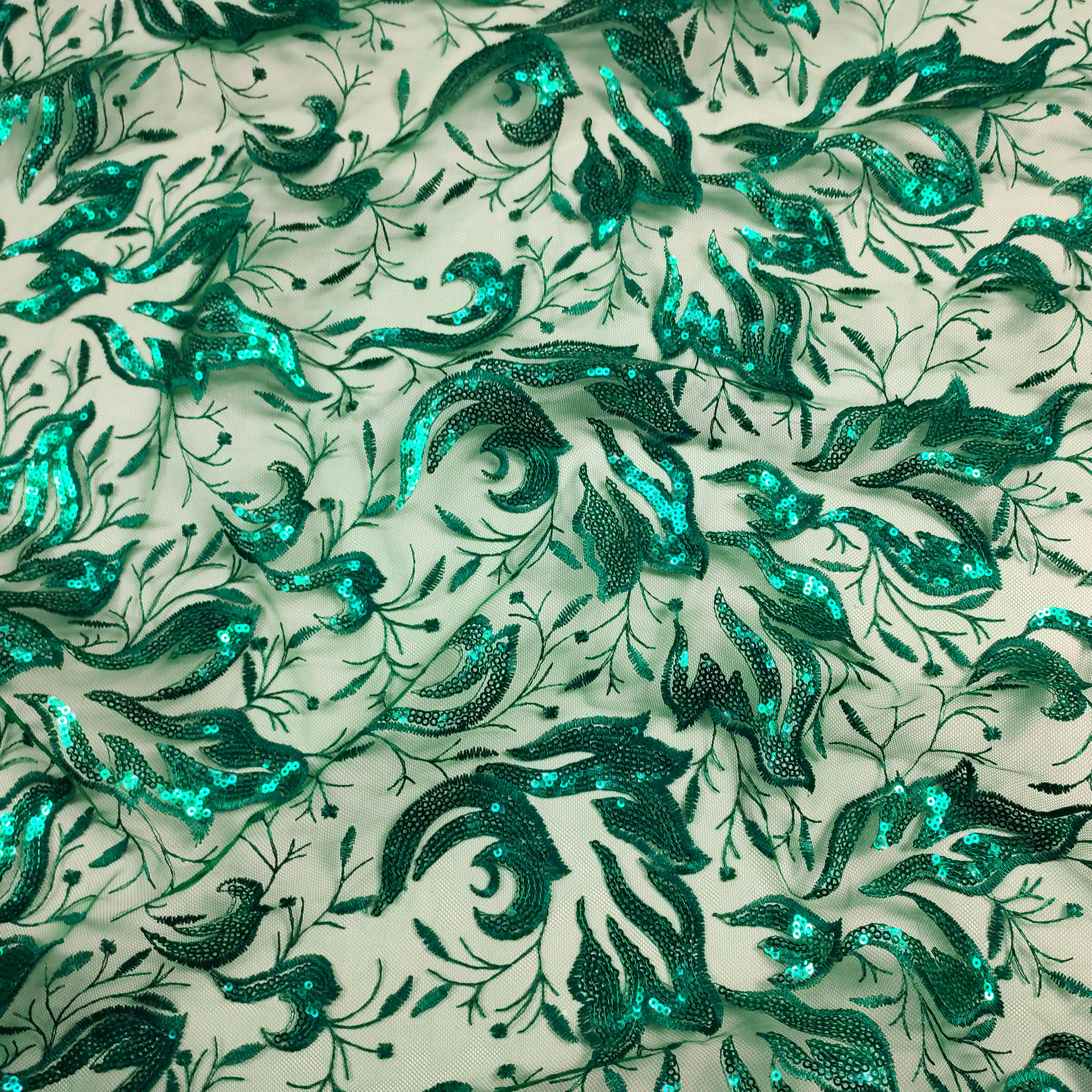 Tulle Ricamato Foglie con Paillettes Verde