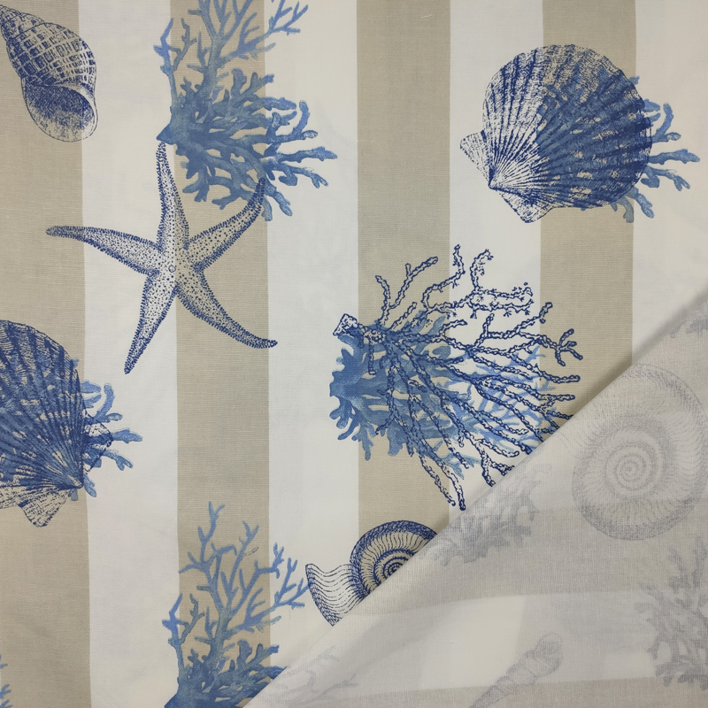 Tessuto-Panama-Righe-Bianco-Beige-Conchiglie-Blu