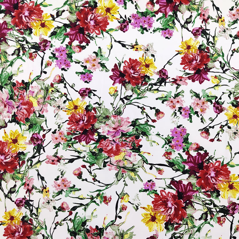 Tessuto Cotone Elasticizzato Mazzi di Fiori Sfondo Bianco