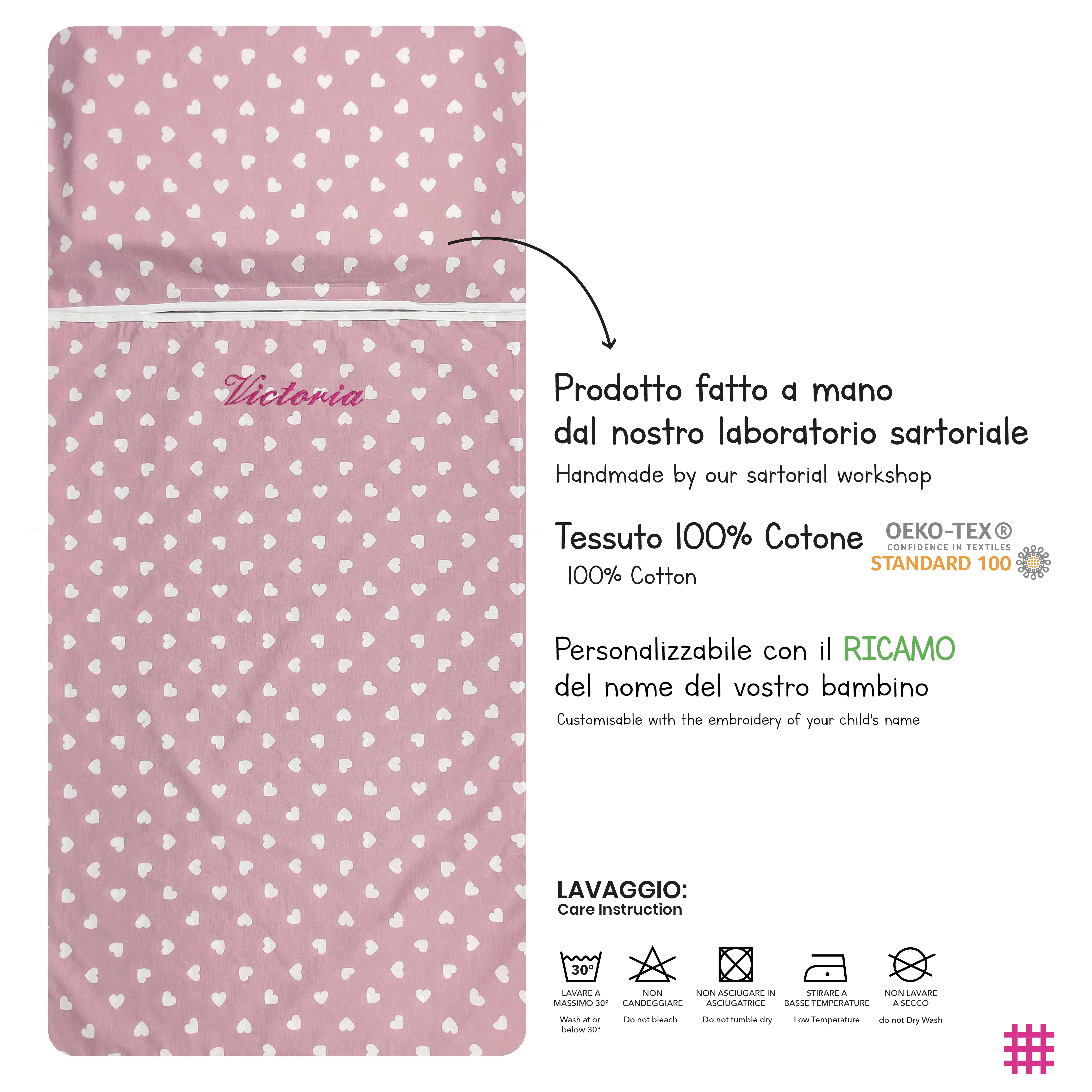 Sacco Nanna Estivo Cuori Bianchi con Sfondo Rosa Antico Image