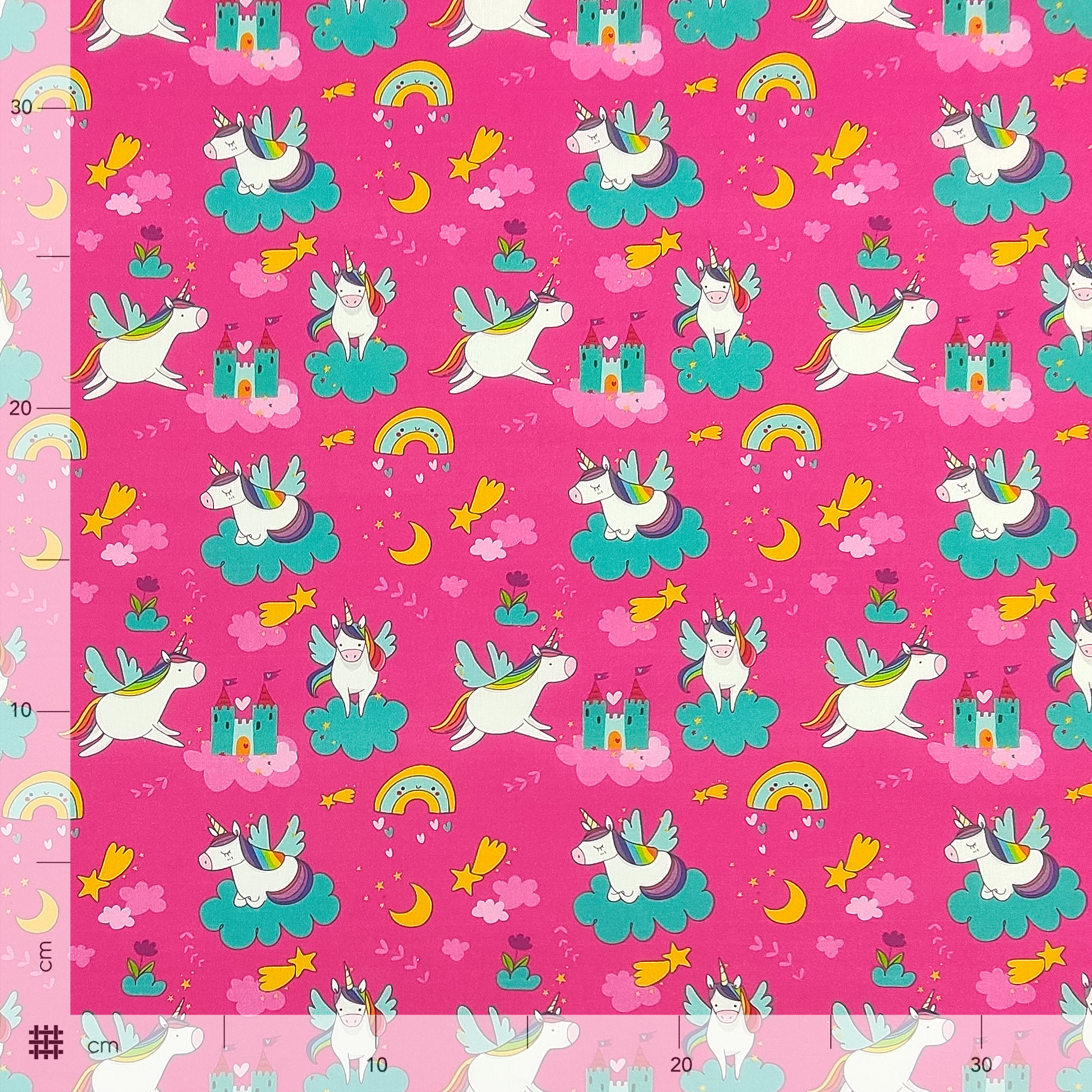 Ritaglio Tessuto Cotone Unicorni e Castelli Piccoli 50x150 cm