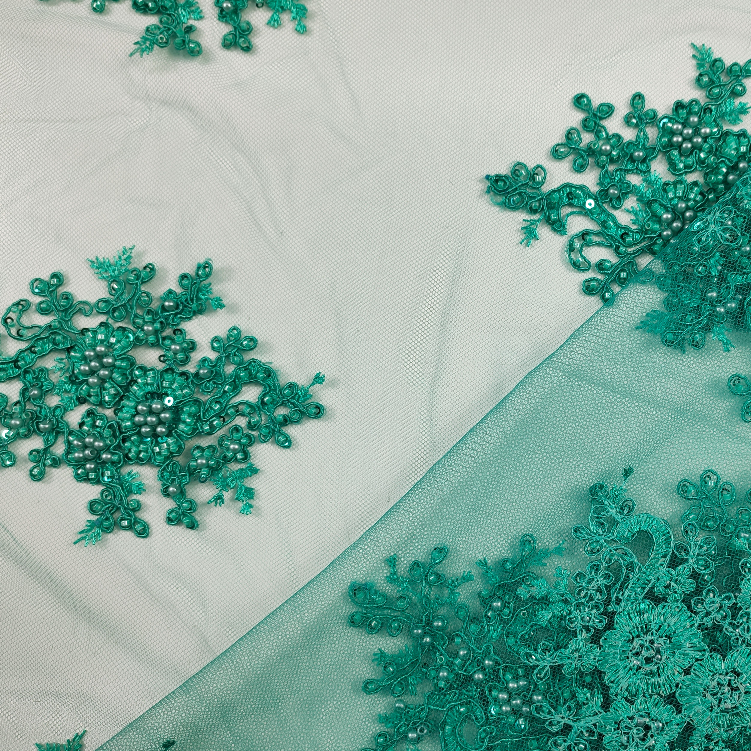 Tulle Ricamato Perline Lux Verde Smeraldo