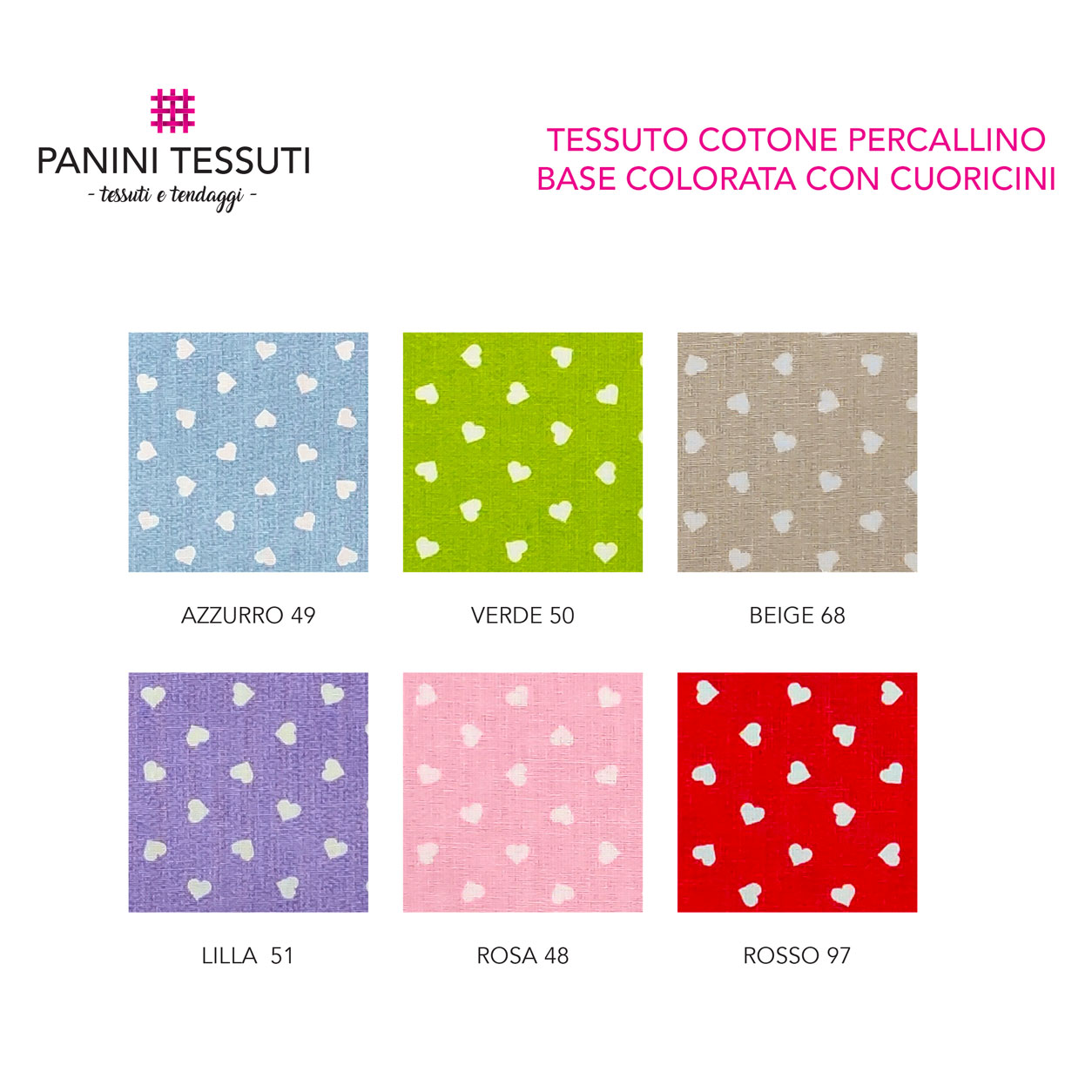 Tessuto Cotone Percallino Base Colorata con Cuoricini Colori