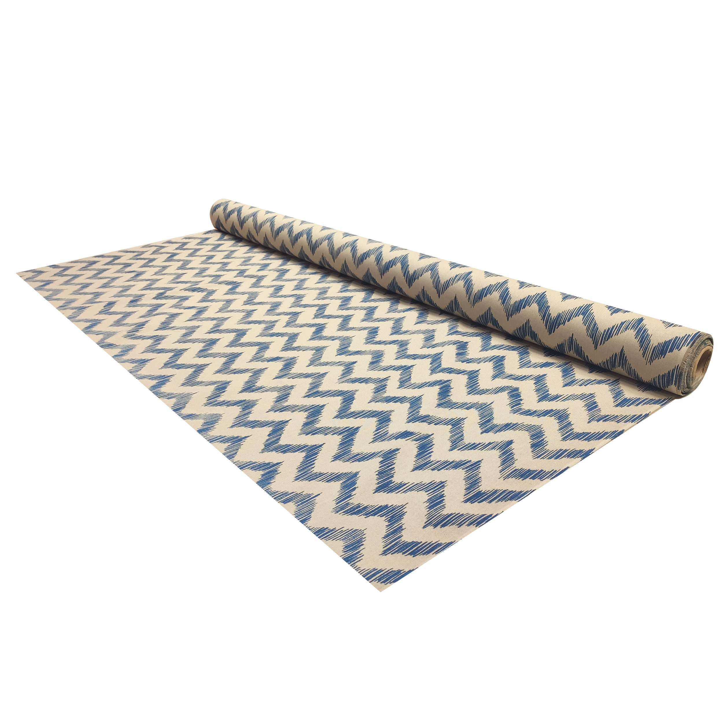 Tessuto Panama Misto Cotone Zig Zag Linee Blu