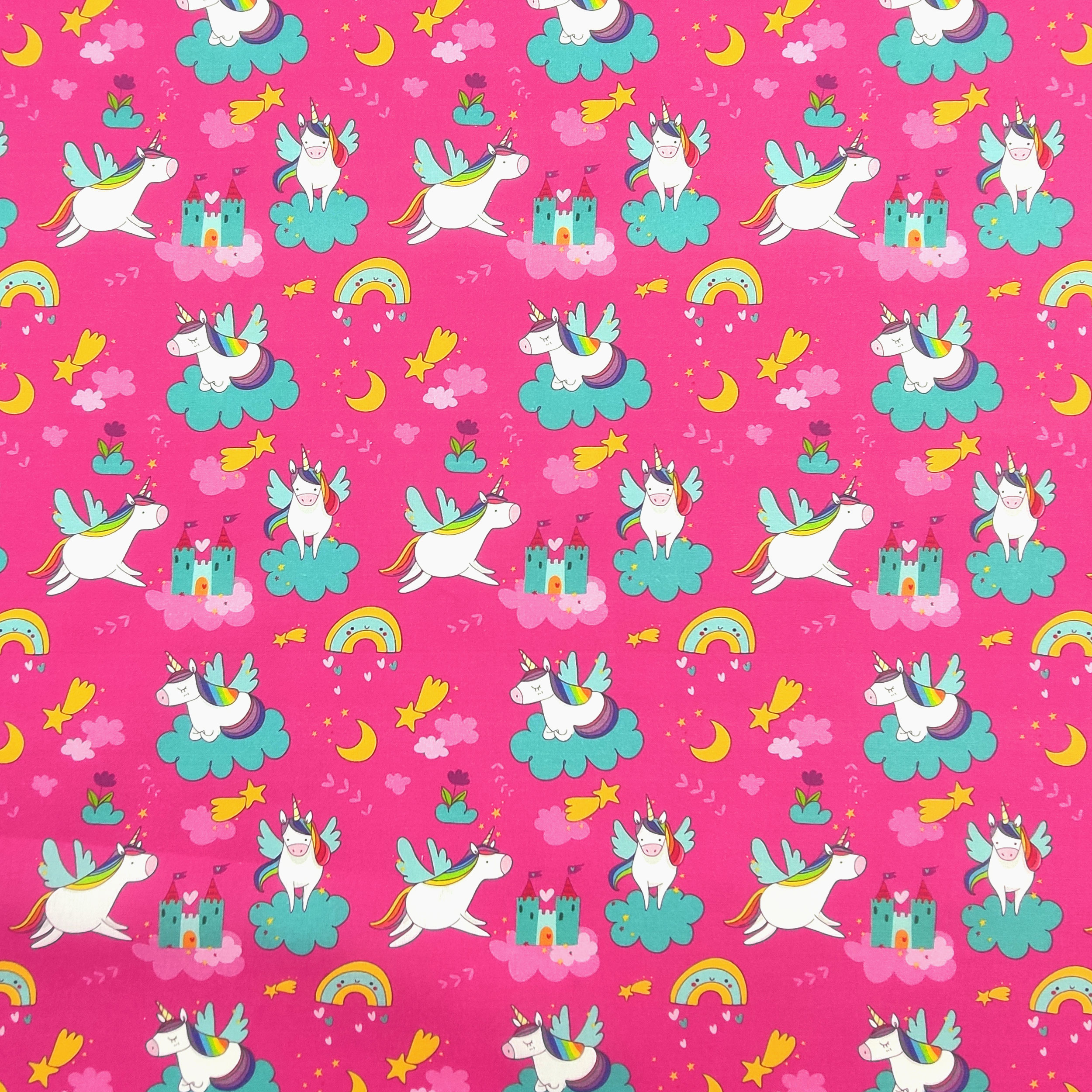 Ritaglio Tessuto Cotone Unicorni e Castelli Piccoli 50x150 cm