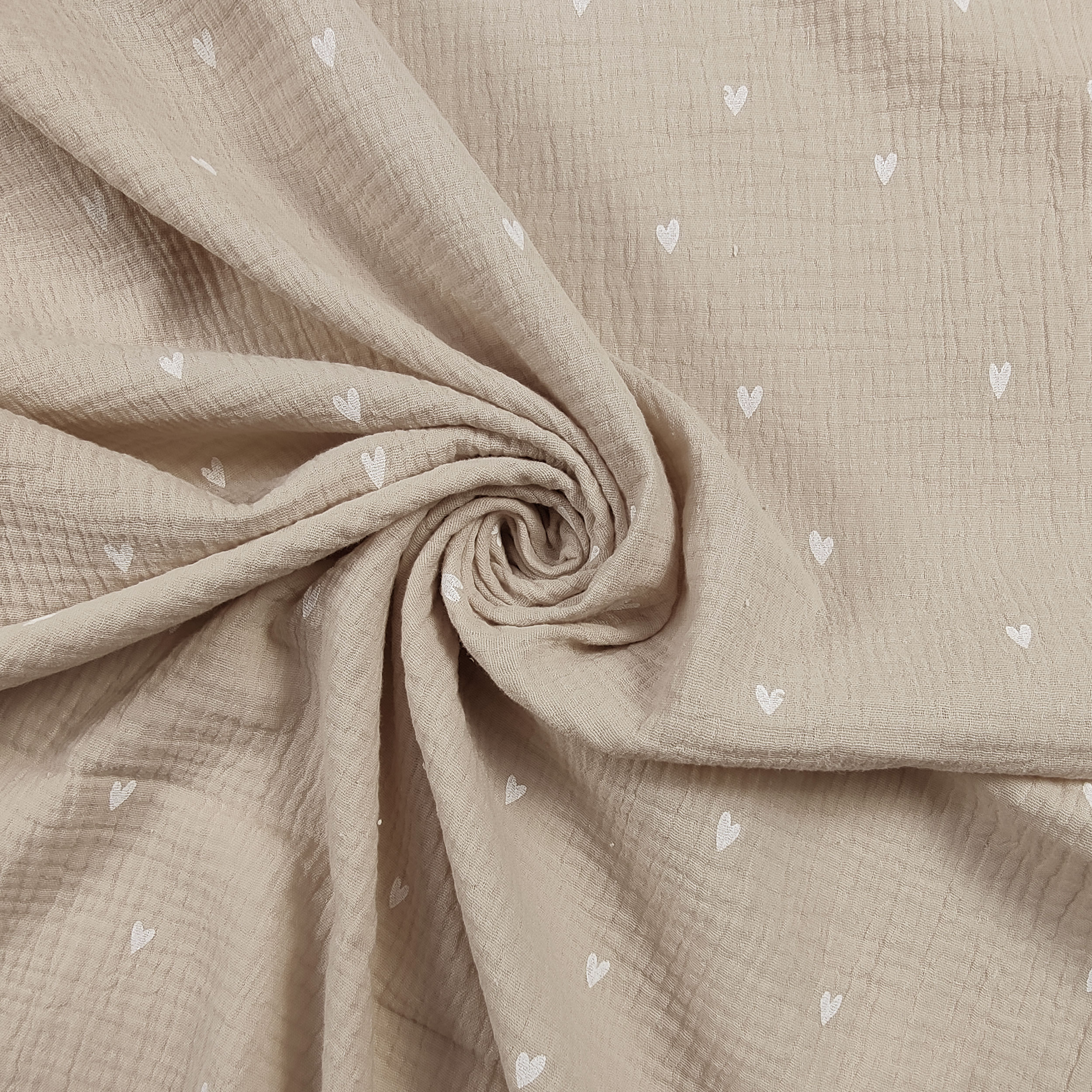 Mussola Cotone Beige Cuoricini Bianchi