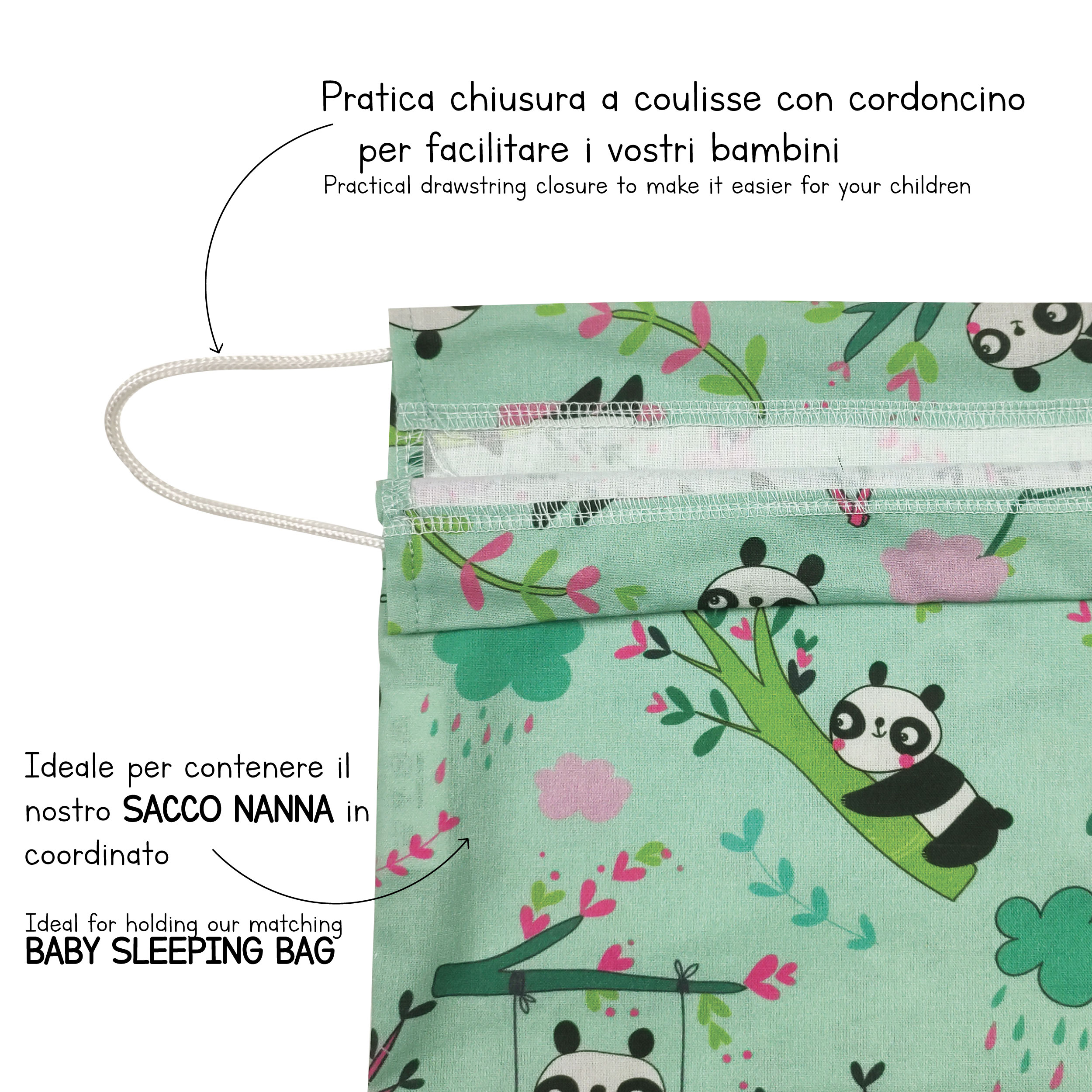 Sacchetto Asilo Panda Sfondo Verde Menta