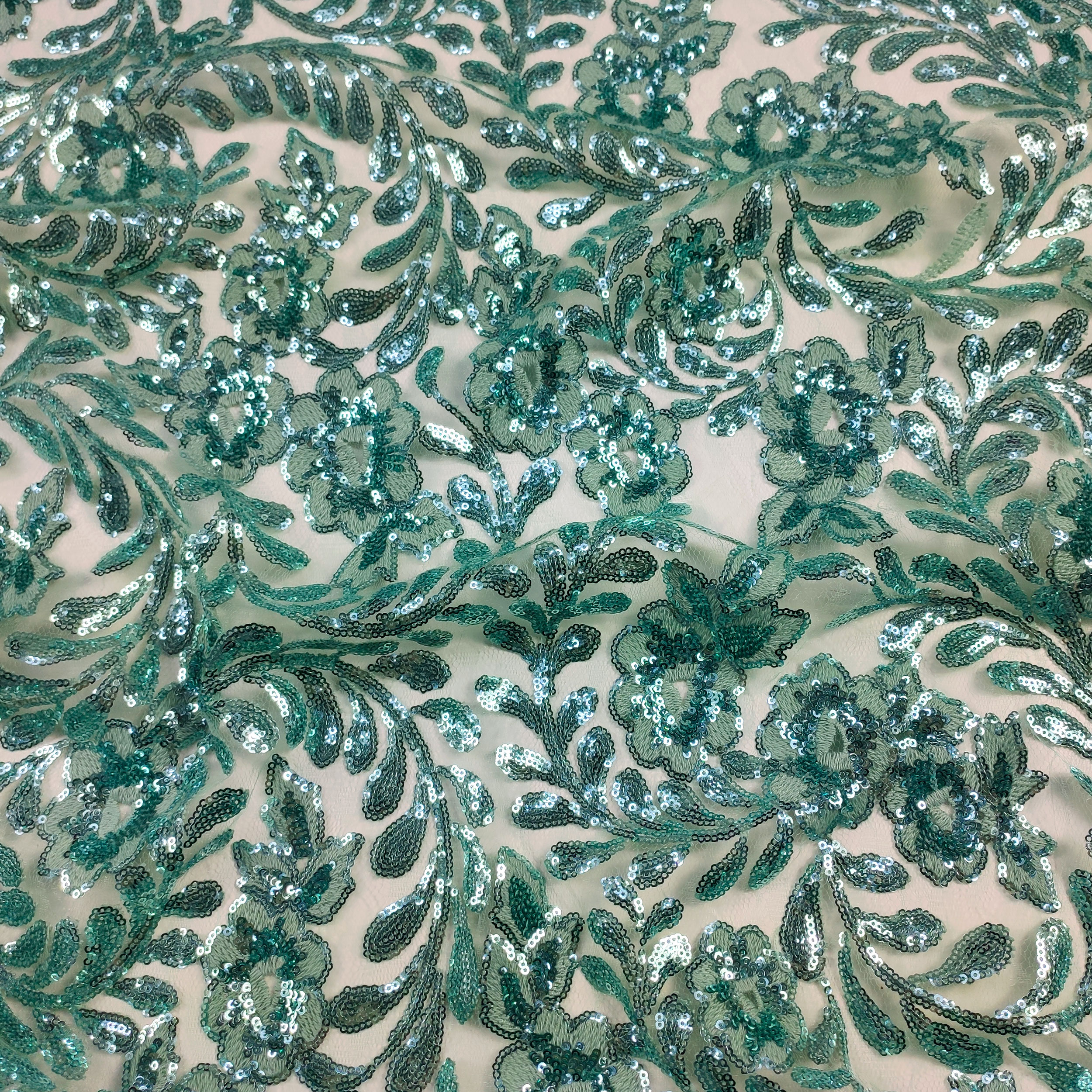 Tulle Ricamato Fiori con Paillettes Verde Acqua