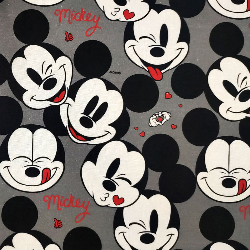 Ritaglio Tessuto Cotone Disney Faccine Mickey Mouse Grigio 50x140 cm
